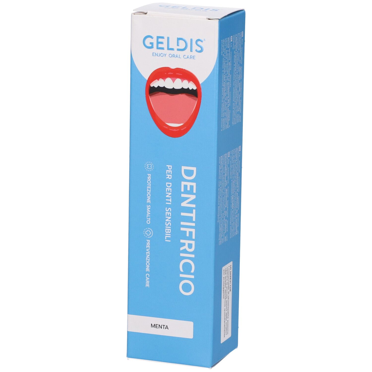 Scatola blu di dentifricio. Logo Geldis, nome del prodotto e immagine di bocca. Testo: Per denti sensibili.