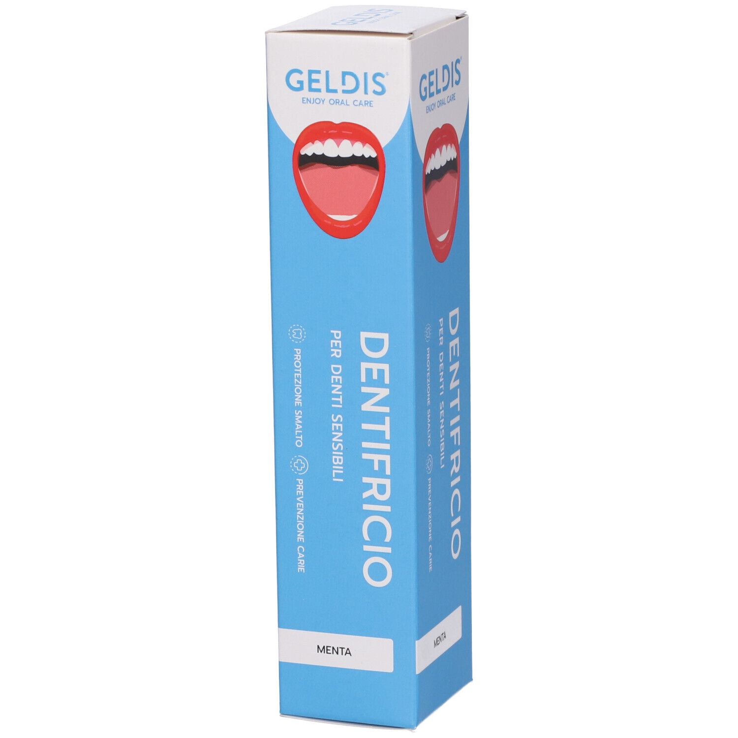 Scatola alta blu di dentifricio. Logo Geldis, nome del prodotto e immagine di bocca. Testo: Per denti sensibili.