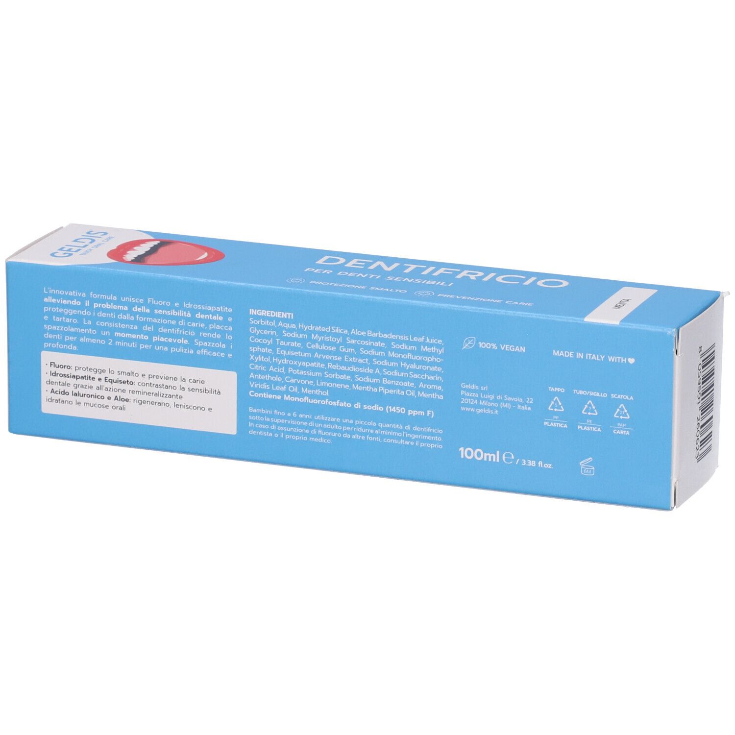 Retro della scatola del dentifricio. Testo multilingue, ingredienti, logo e informazioni.