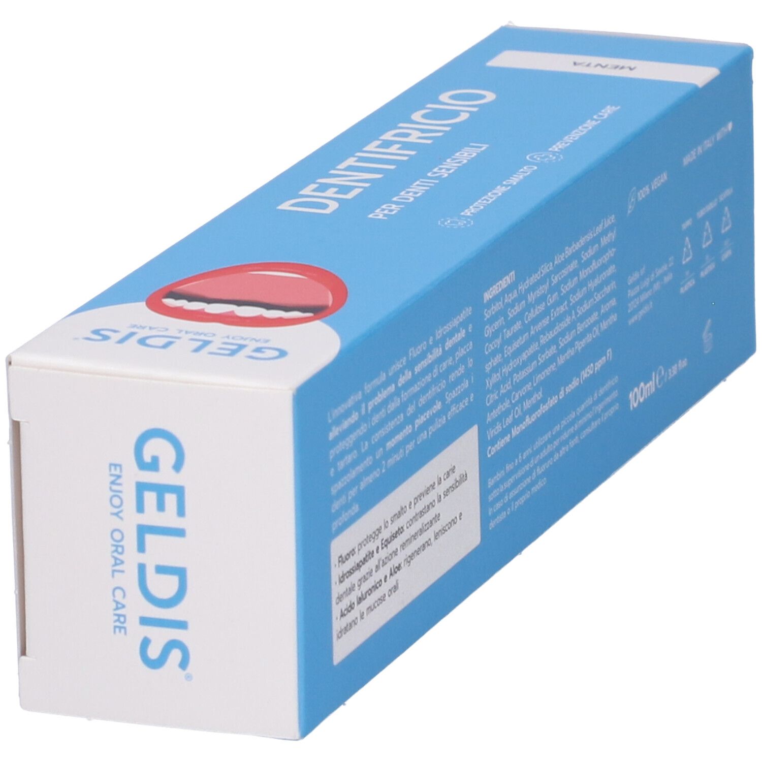 Scatola di dentifricio. Logo Geldis, nome del prodotto e immagine di bocca. Testo: Per denti sensibili.