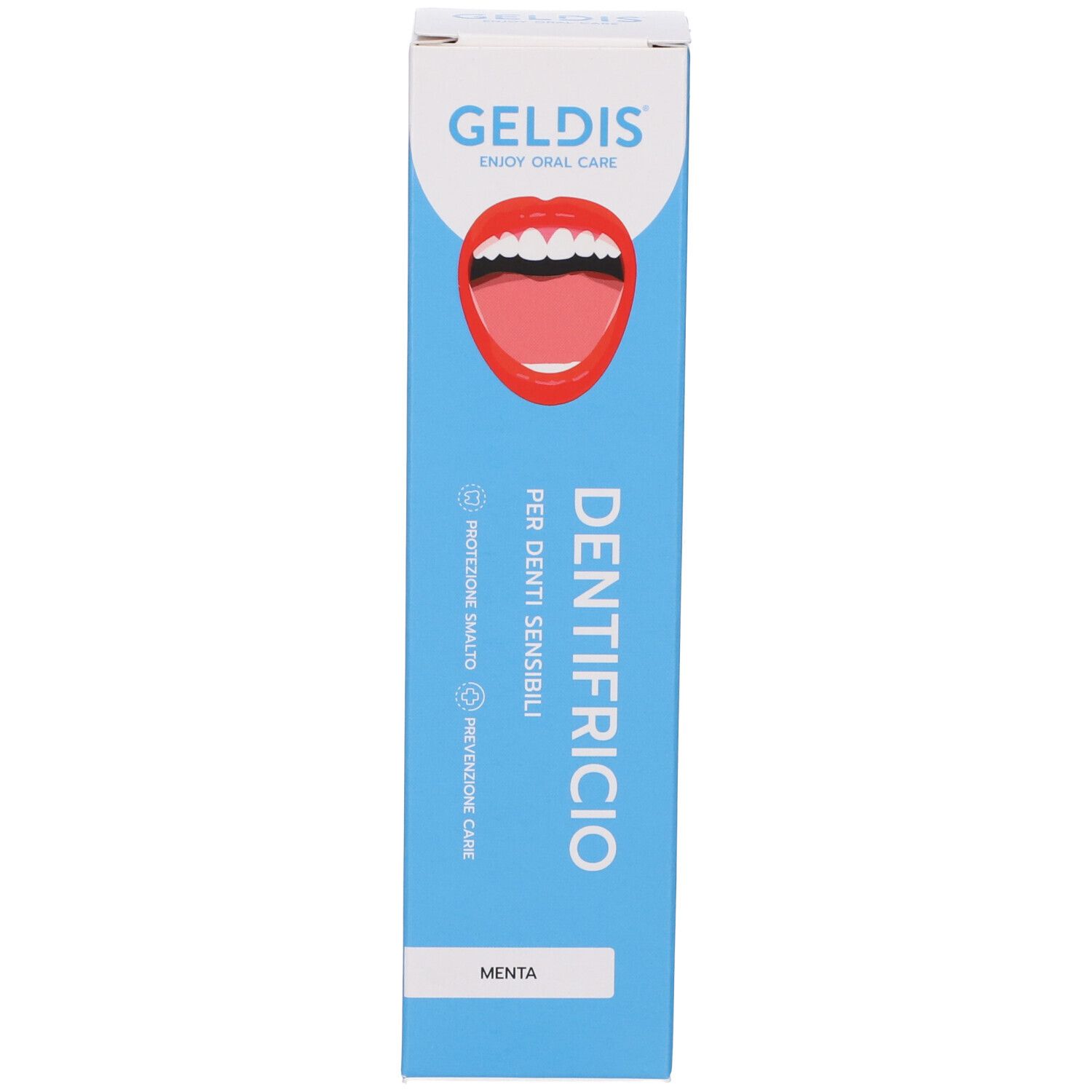 Scatola alta blu di dentifricio. Logo Geldis, nome del prodotto e immagine di bocca. Testo: Per denti sensibili.