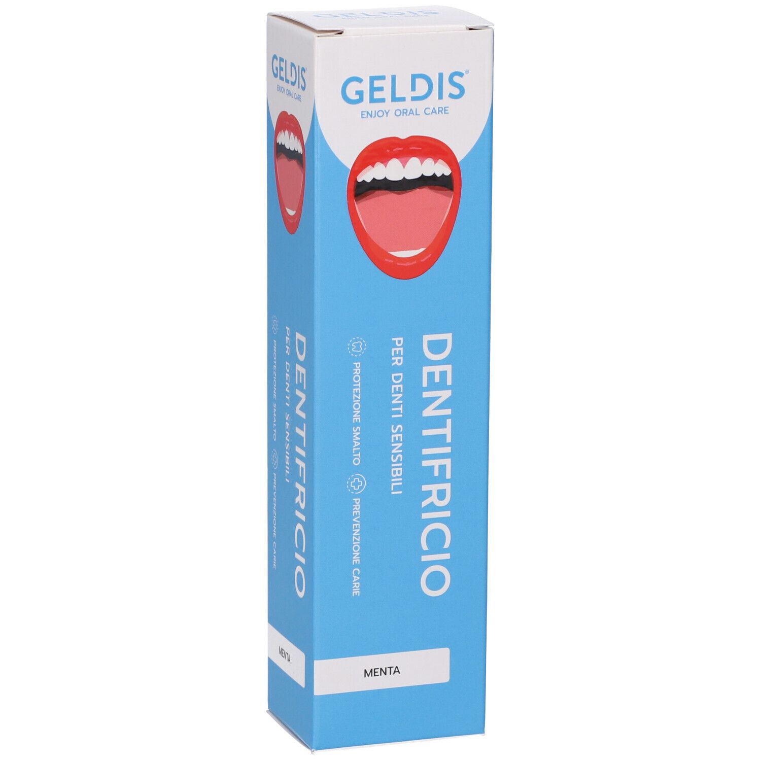 Scatola alta blu di dentifricio. Logo Geldis, nome del prodotto e immagine di bocca. Testo: Per denti sensibili.