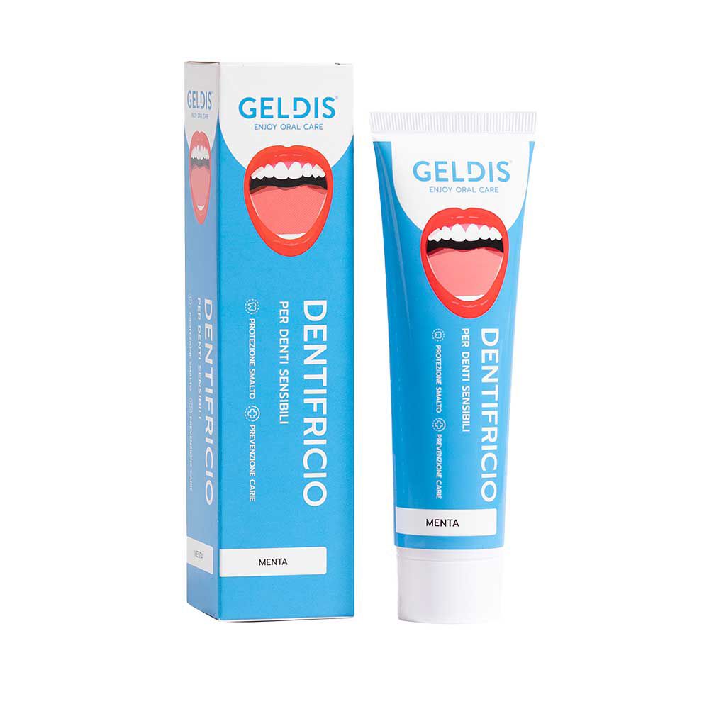 Tubo e scatola di dentifricio. Blu e bianco, con logo Geldis, nome del prodotto e immagine di bocca.