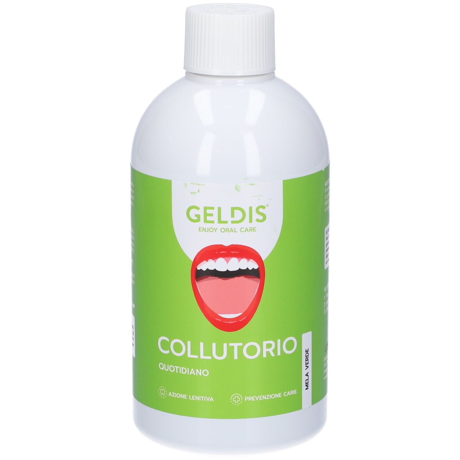 Bottiglia bianca con etichetta verde. Scritta GELDIS Collutorio, Green Apple. Confezionata in pellicola trasparente.