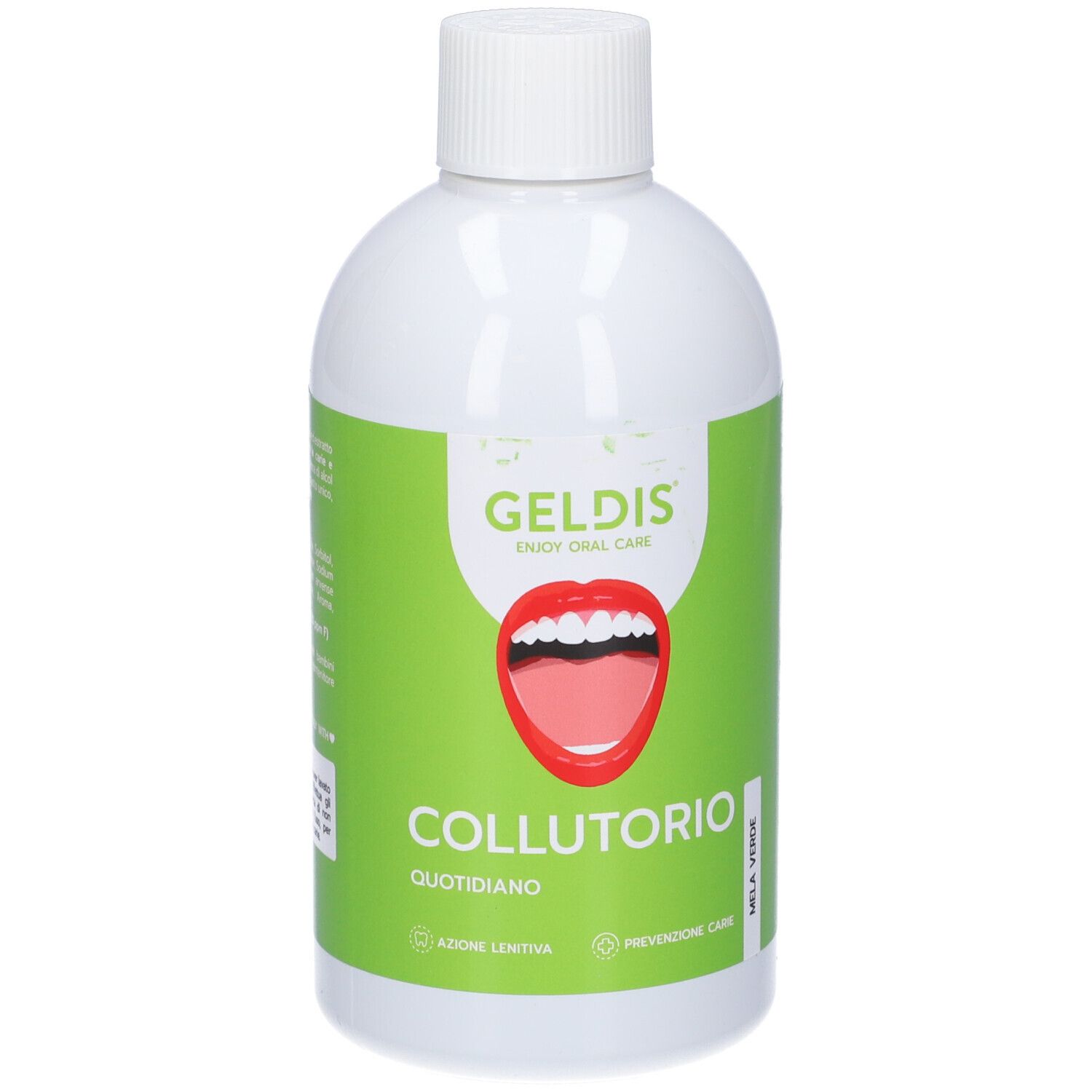 Bottiglia bianca con etichetta verde. Scritta GELDIS Collutorio, Green Apple. Confezionata in pellicola trasparente.