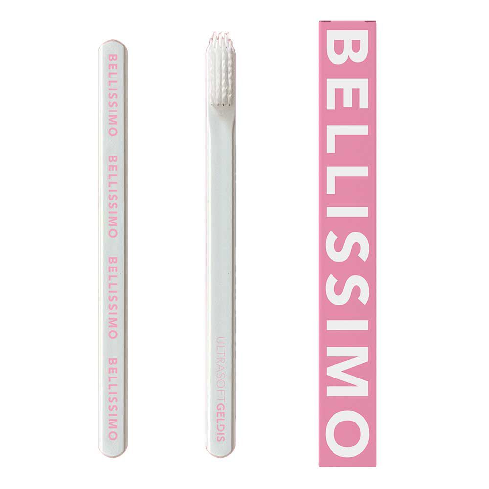 Spazzolino e confezione. Sulla confezione 'BELLISSIMO'.