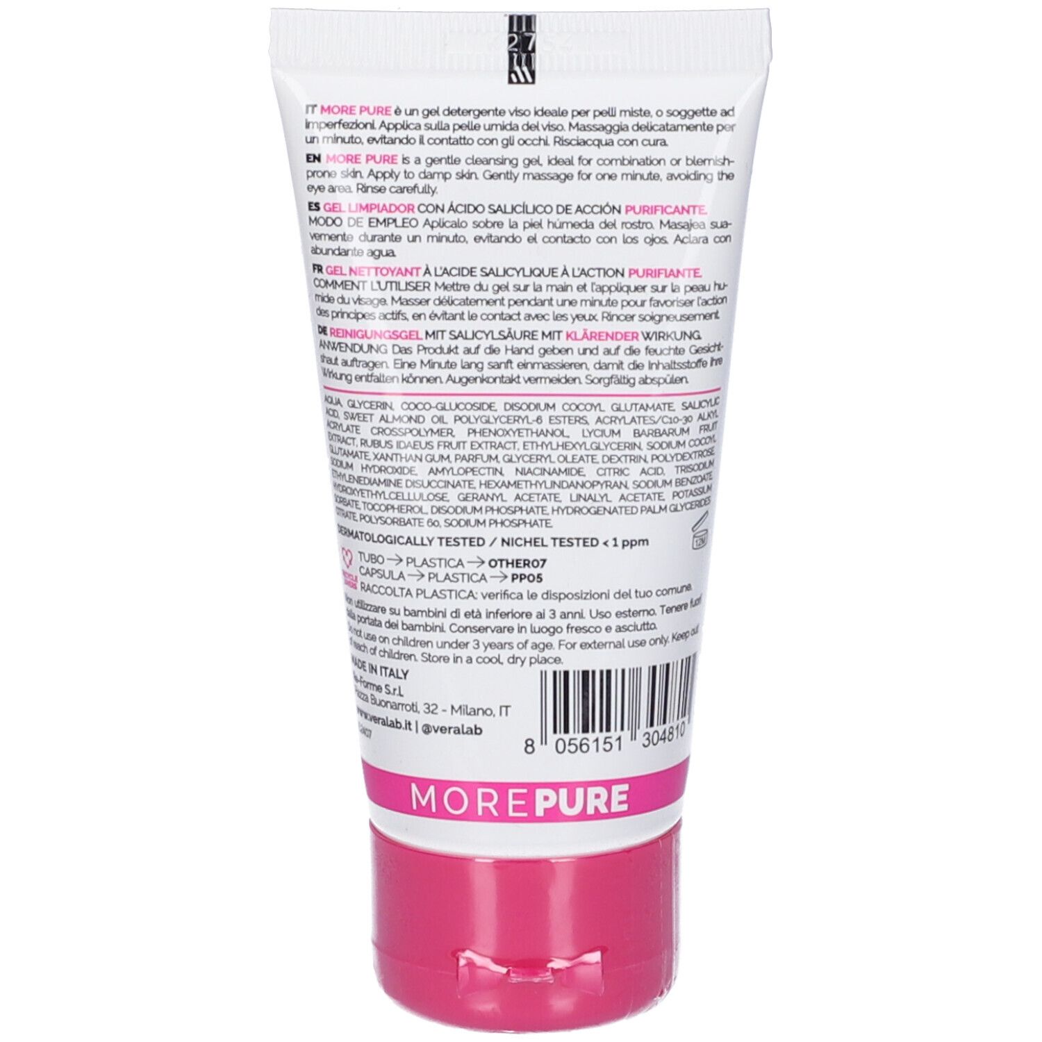 Retro del tubo. Testo in più lingue. In basso: "MORE PURE". Tappo rosa.