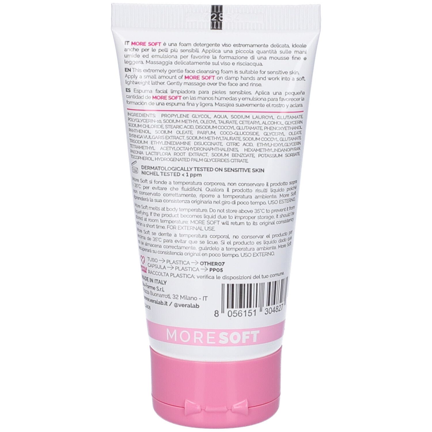Retro del tubo. Testo e ingredienti. Scritta: MORE SOFT. Tappo rosa. Codice a barre.