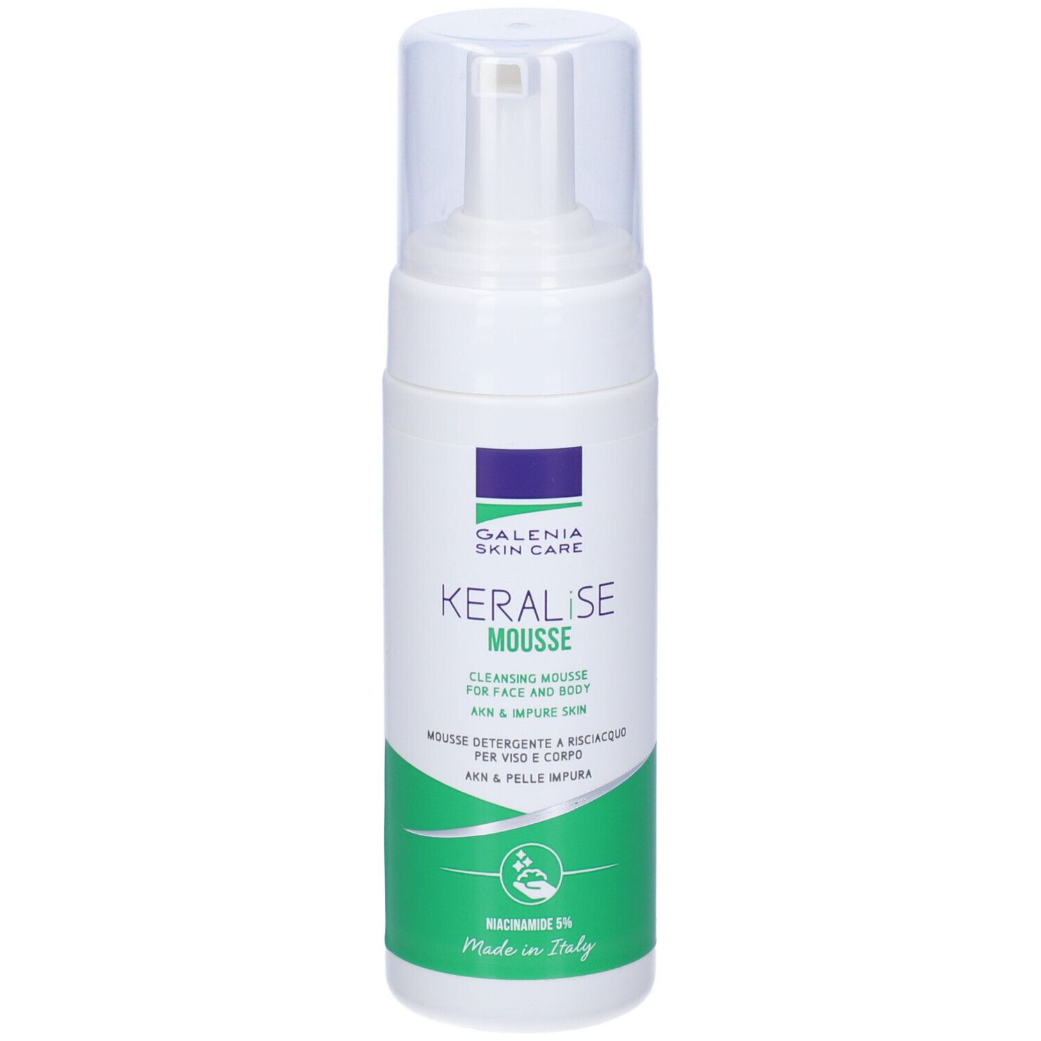 Flacone Keralise Mousse. Bianco, design verde e blu. Testo: Galenia Skin Care, Keralise Mousse. Coperchio trasparente.