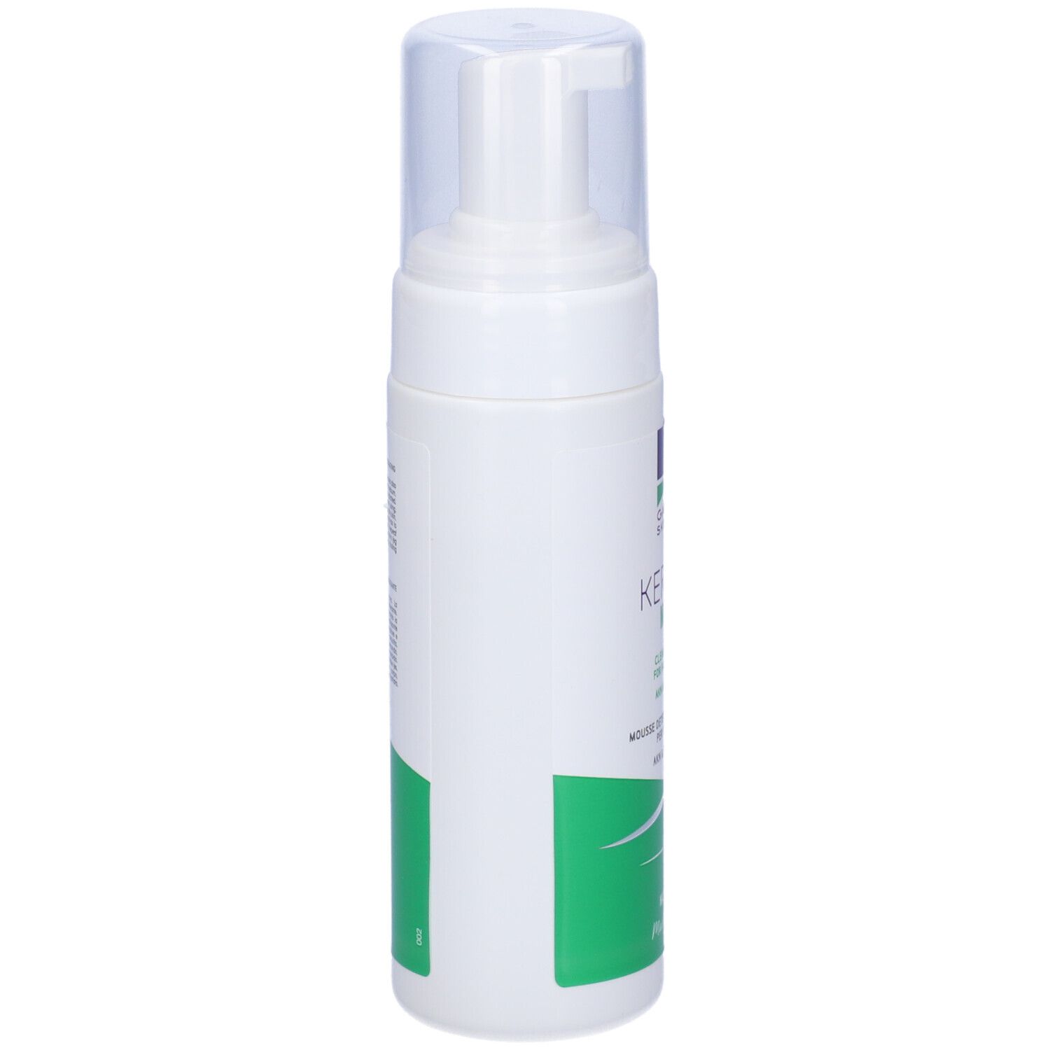 Flacone Keralise Mousse. Bianco, design verde e blu. Testo: Galenia Skin Care, Keralise Mousse. Coperchio trasparente.