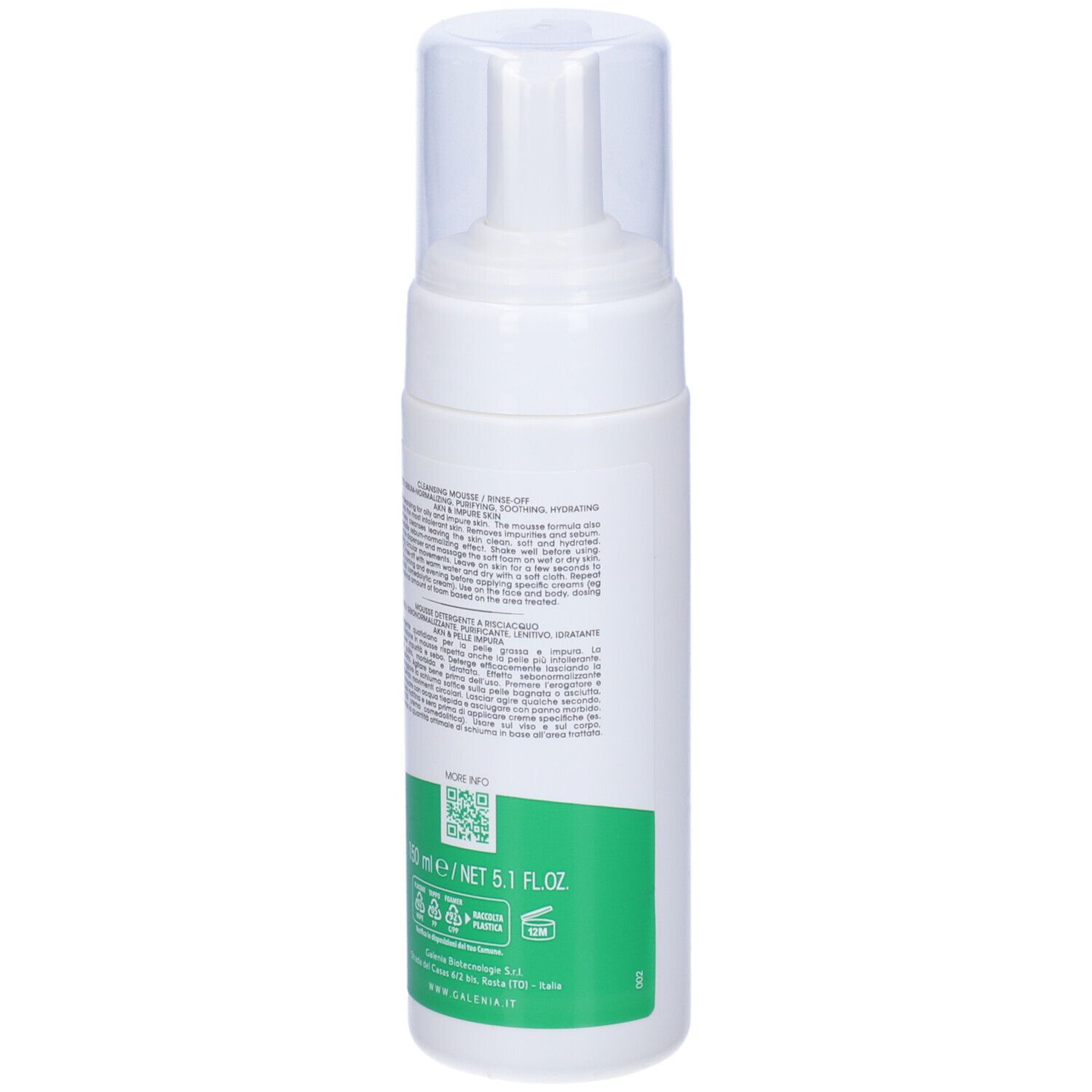 Flacone Keralise Mousse. Bianco, design verde e blu. Testo: Galenia Skin Care, Keralise Mousse. Coperchio trasparente.