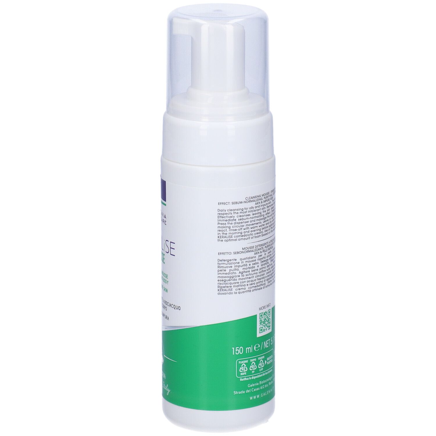 Flacone Keralise Mousse. Bianco, design verde e blu. Testo: Galenia Skin Care, Keralise Mousse. Coperchio trasparente.