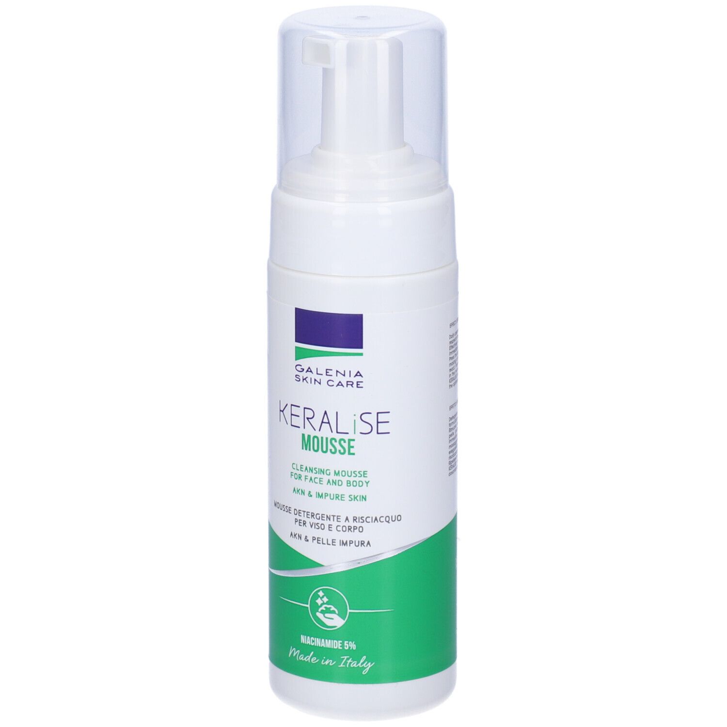 Flacone Keralise Mousse. Bianco, design verde e blu. Testo: Galenia Skin Care, Keralise Mousse. Coperchio trasparente.