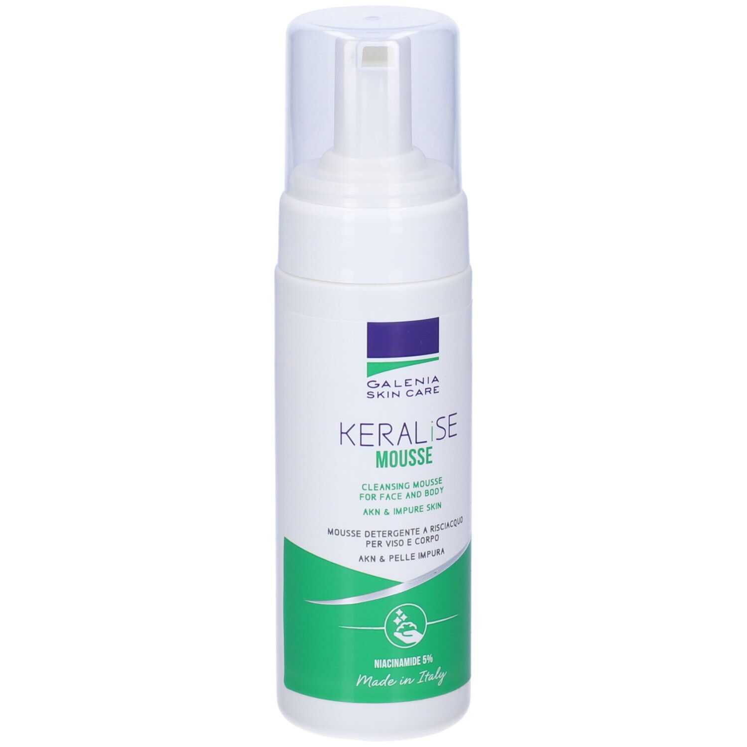 Flacone Keralise Mousse. Bianco, design verde e blu. Testo: Galenia Skin Care, Keralise Mousse. Coperchio trasparente.