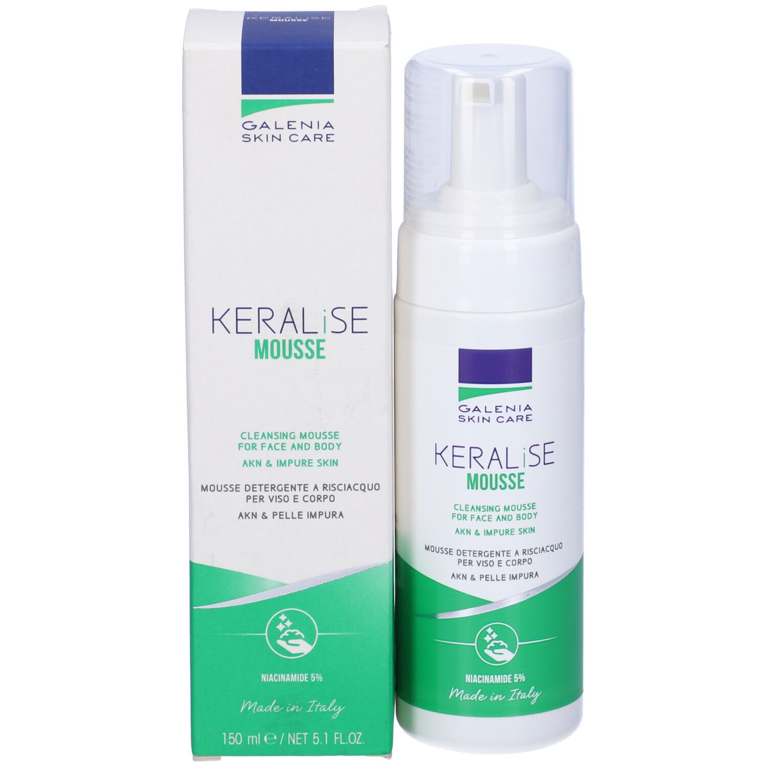 Flacone e confezione di Keralise Mousse. Bianco, design verde e blu. Testo: Galenia Skin Care, Keralise Mousse, 150 ml.