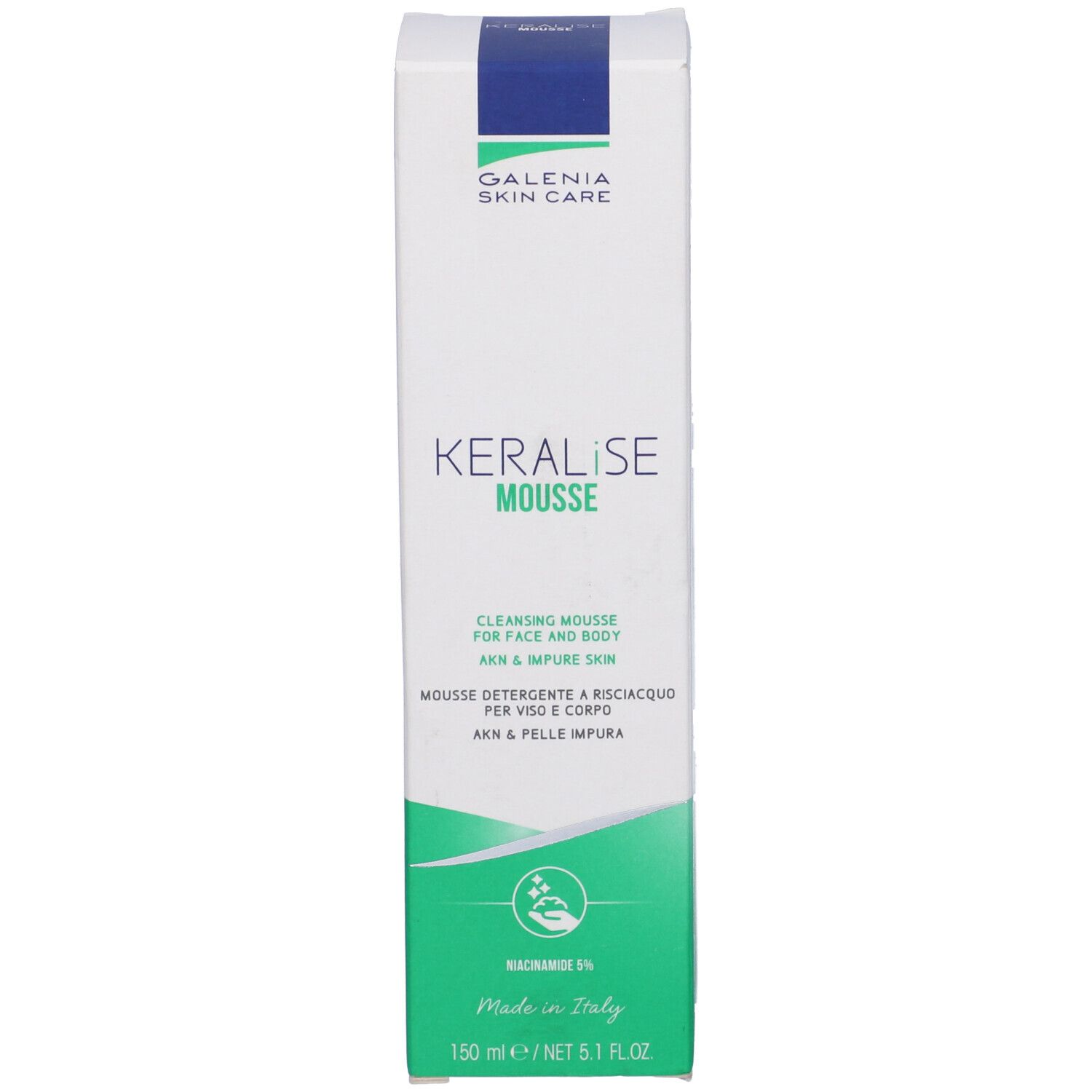 Confezione Keralise Mousse. Bianco, design verde e blu. Testo: Galenia Skin Care, Keralise Mousse, 150 ml.