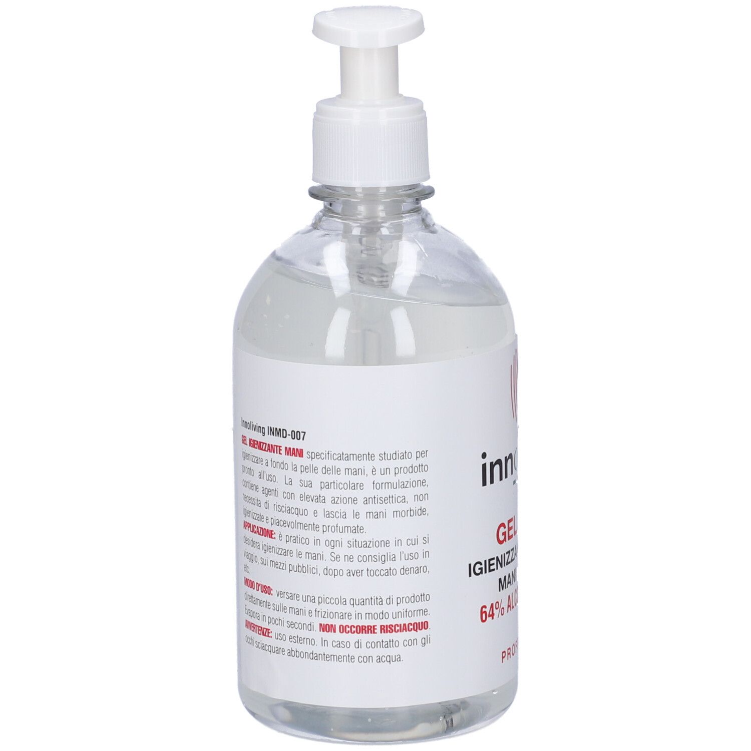 Flacone trasparente con dosatore bianco. Etichetta con informazioni prodotto e logo. 64% alcool.