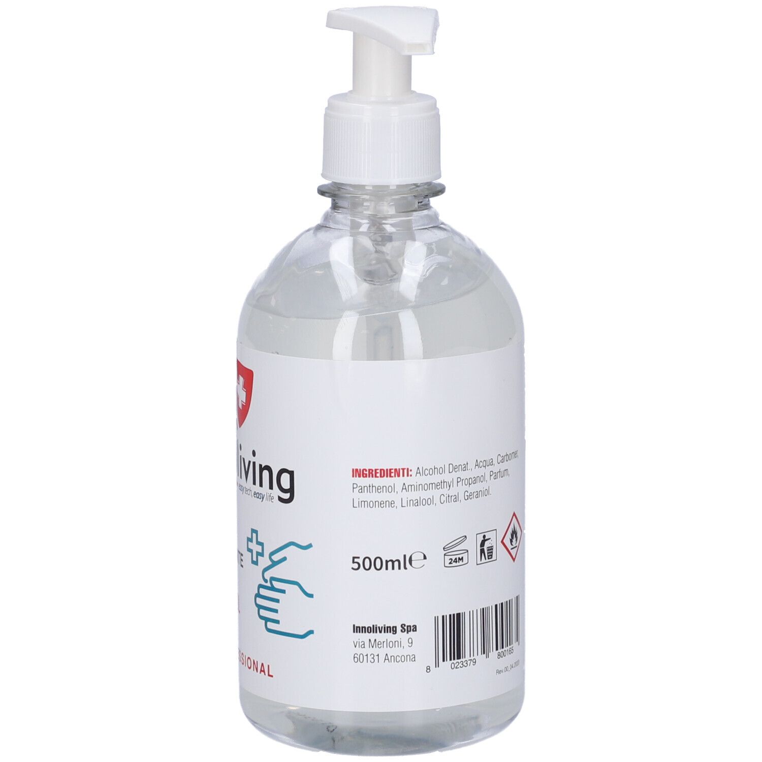 Flacone trasparente con dosatore bianco. Etichetta con ingredienti e pittogrammi. 500ml.