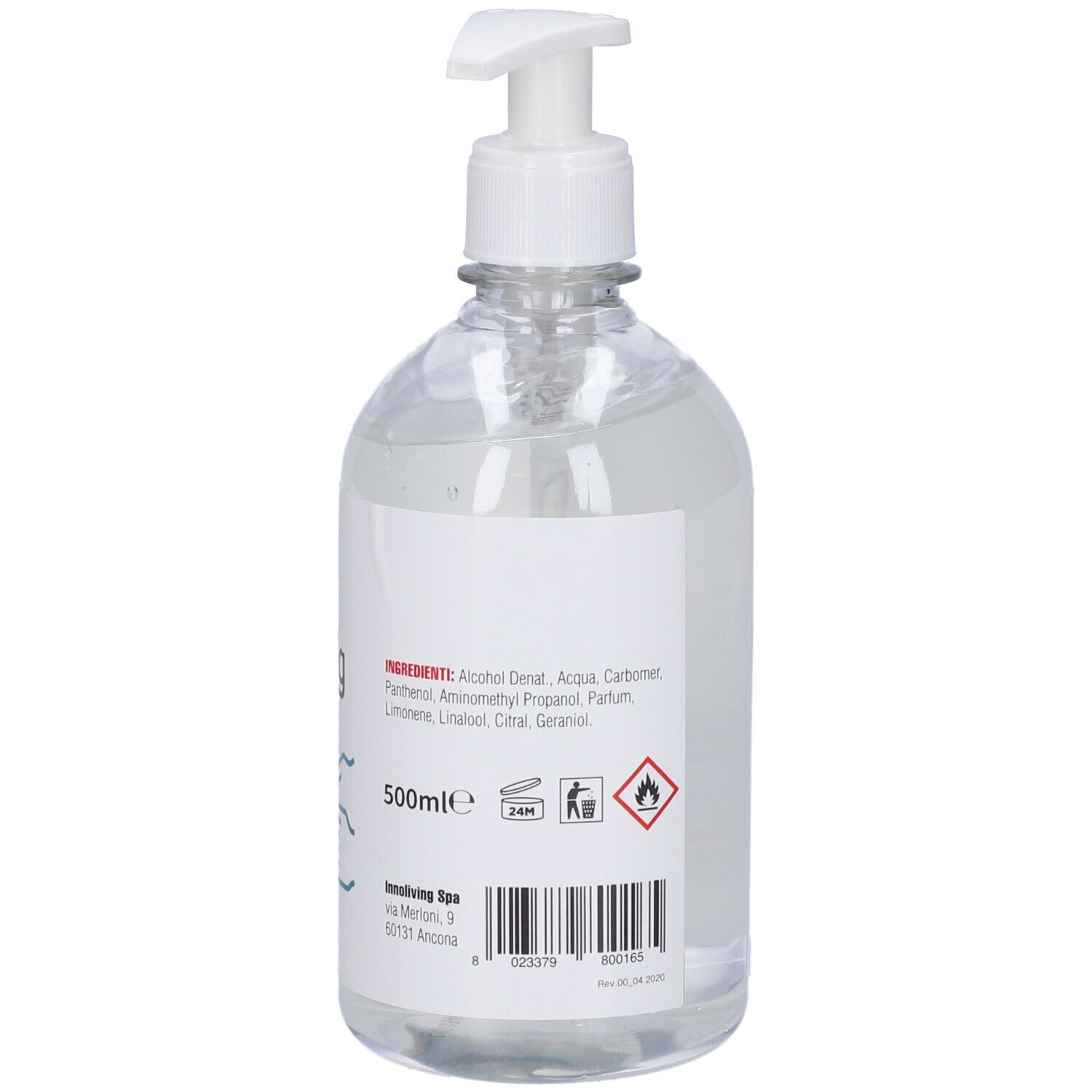 Flacone trasparente con dosatore bianco. Etichetta con ingredienti e pittogrammi. 500ml.