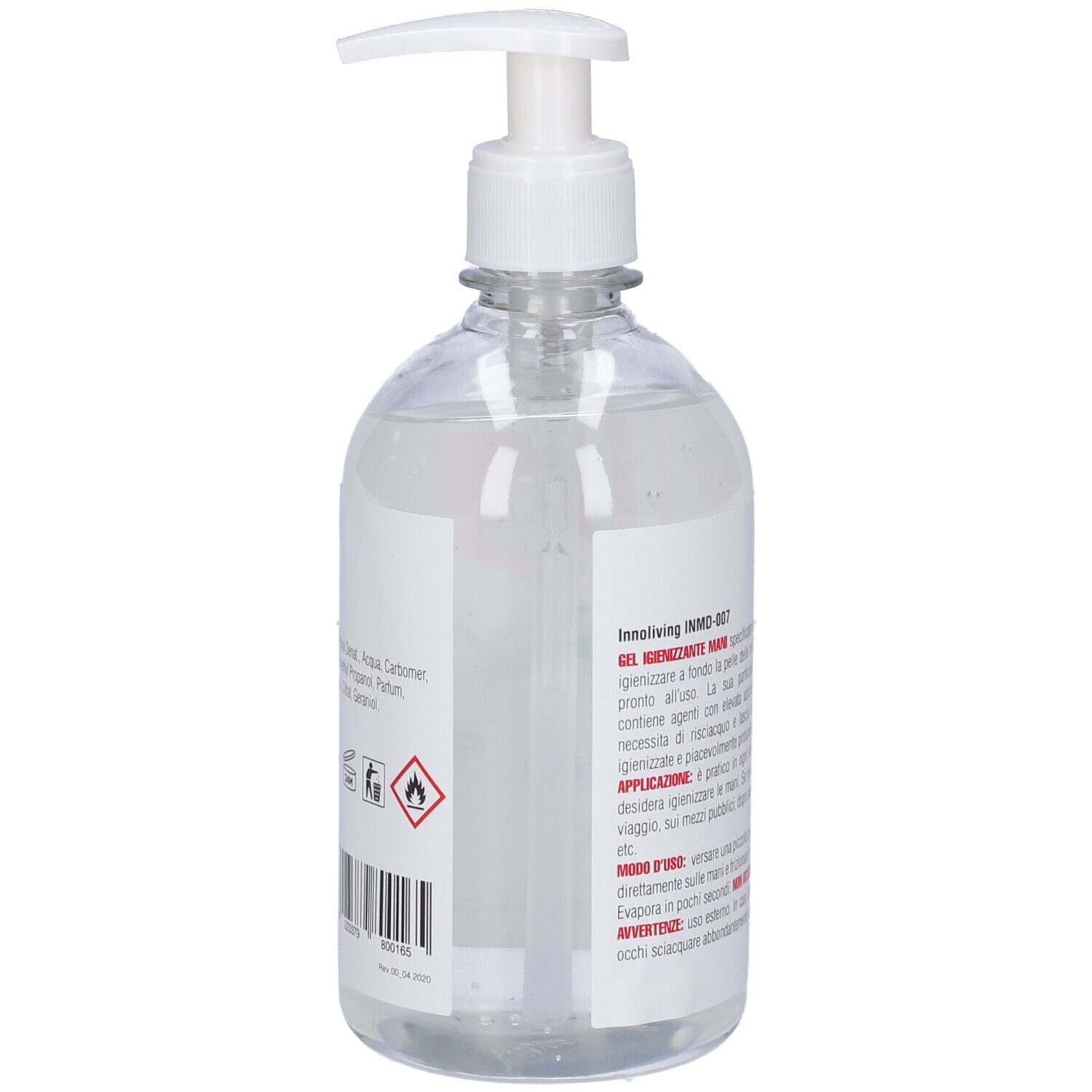 Flacone trasparente con dosatore bianco. Etichetta con informazioni prodotto e pittogrammi.