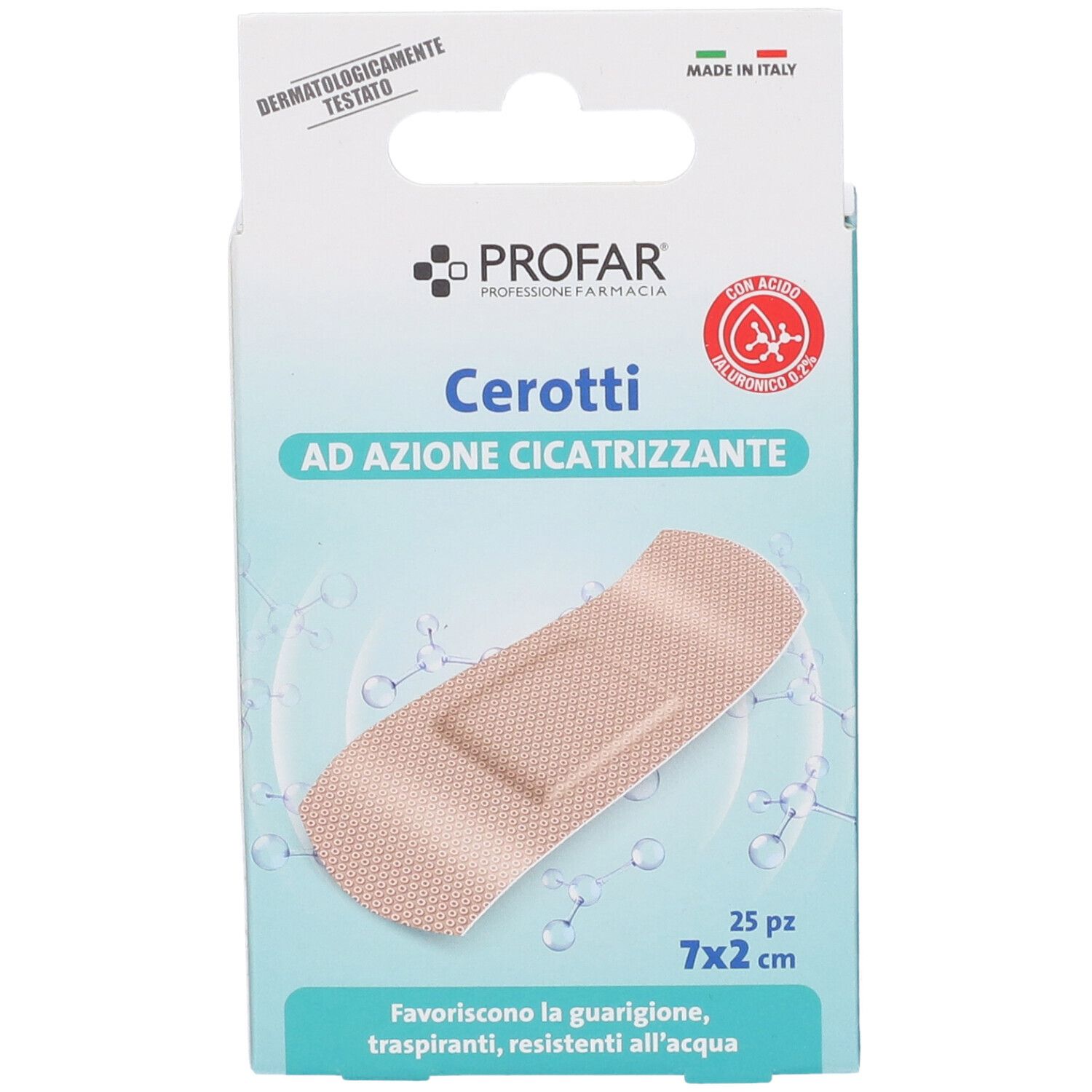 Confezione da 25 cerotti Profar, 7x2 cm, con acido ialuronico per azione cicatrizzante.