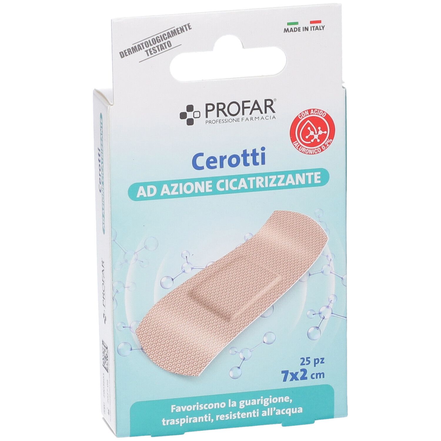 Confezione da 25 cerotti Profar, 7x2 cm, con acido ialuronico per azione cicatrizzante.