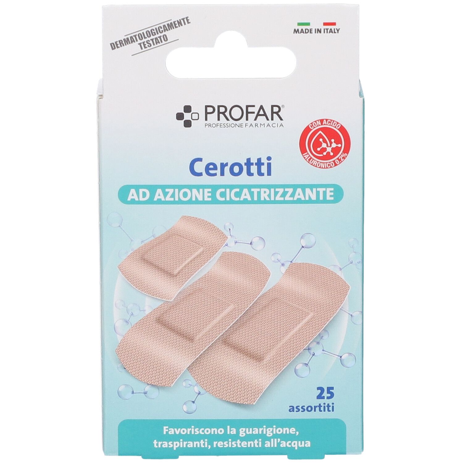 Fronte della confezione di cerotti Profar, color carne, con acido ialuronico, 25 pezzi.