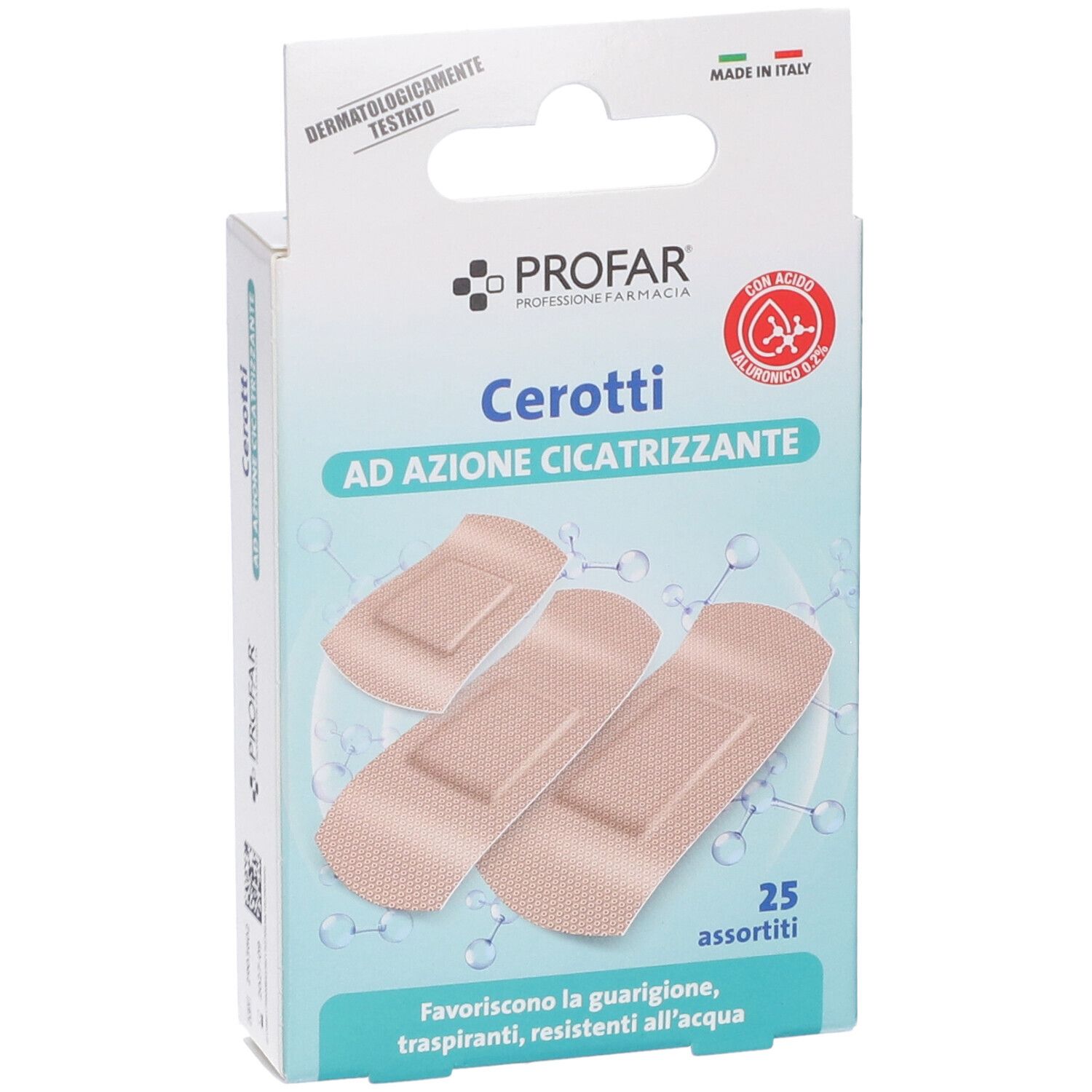 Confezione Profar cerotti, color carne, con acido ialuronico, 25 pezzi, Made in Italy.