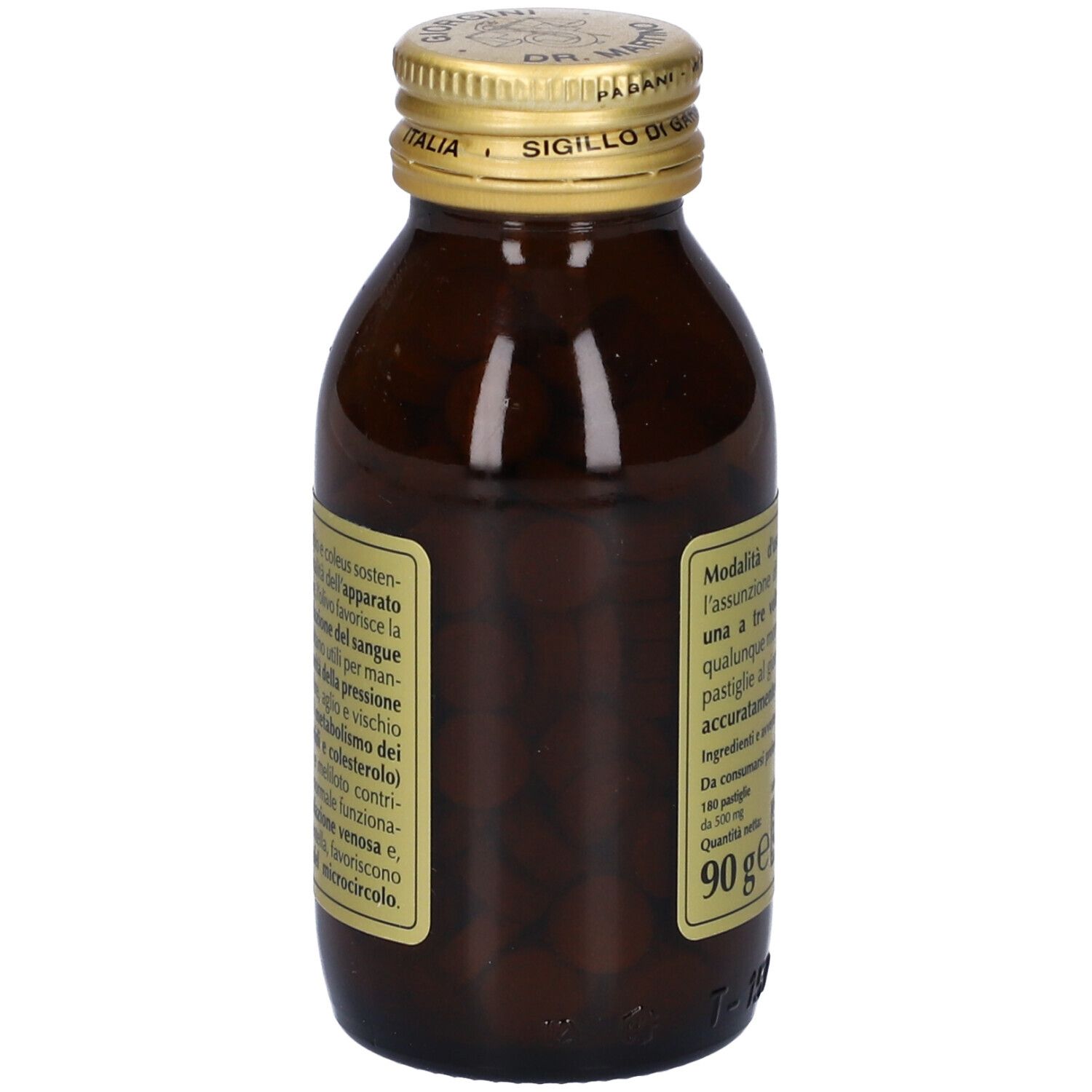 Flacone di vetro marrone con compresse. Etichetta con informazioni sul prodotto, incluso il dosaggio.