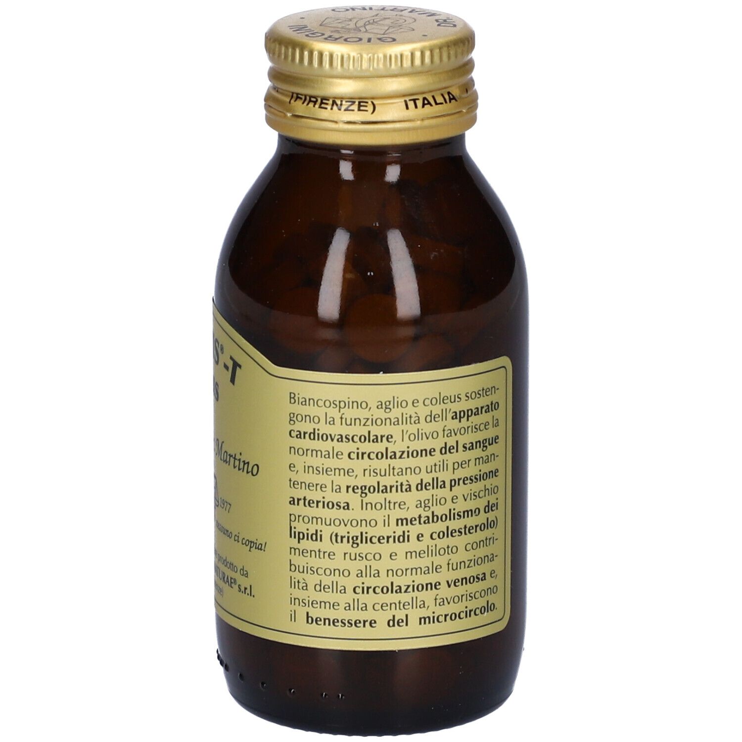 Flacone di vetro marrone con etichetta. Testo che descrive gli ingredienti e i loro effetti sul sistema cardiovascolare.