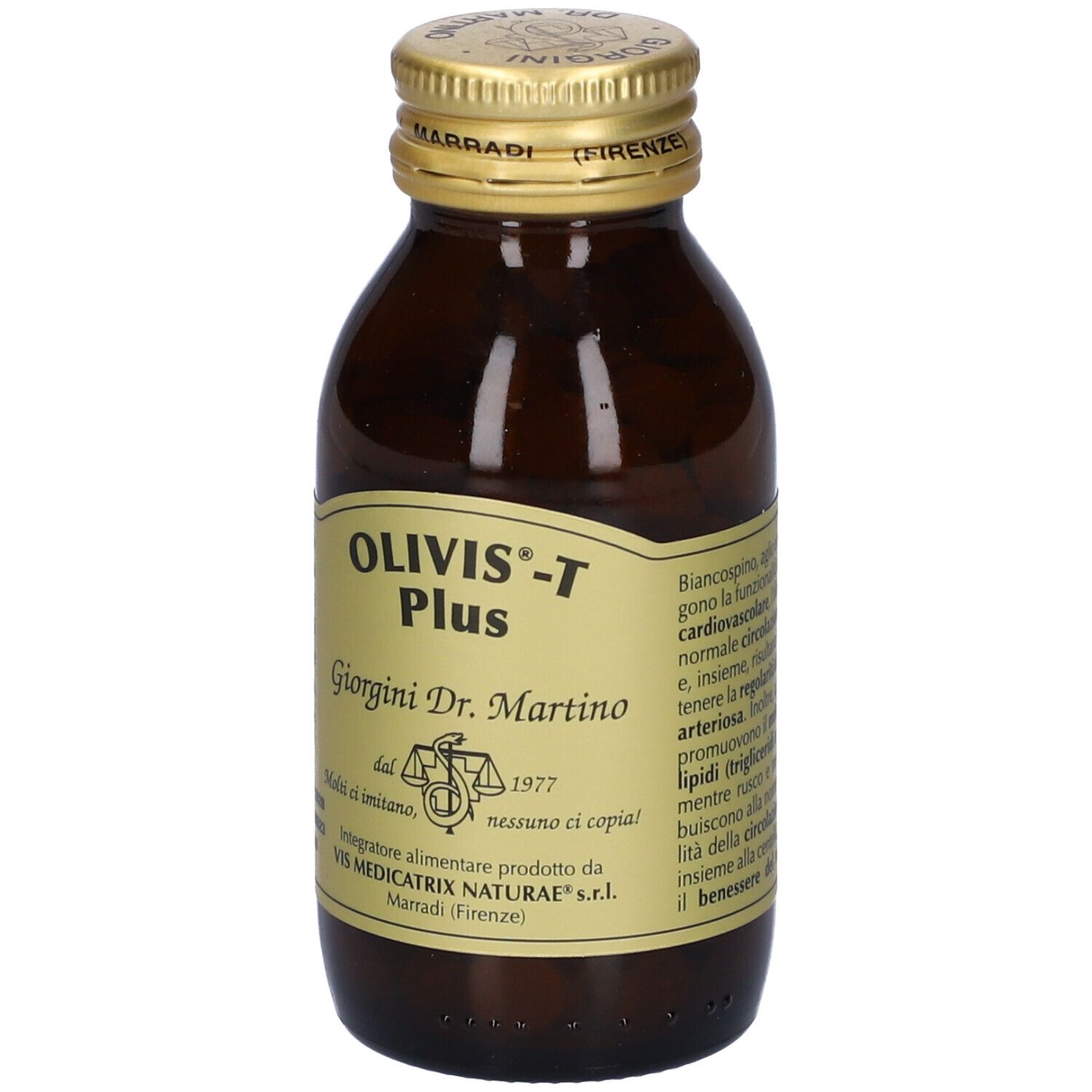 Flacone di vetro marrone con tappo dorato. Etichetta con nome del prodotto Olivis-T Plus e altre informazioni.
