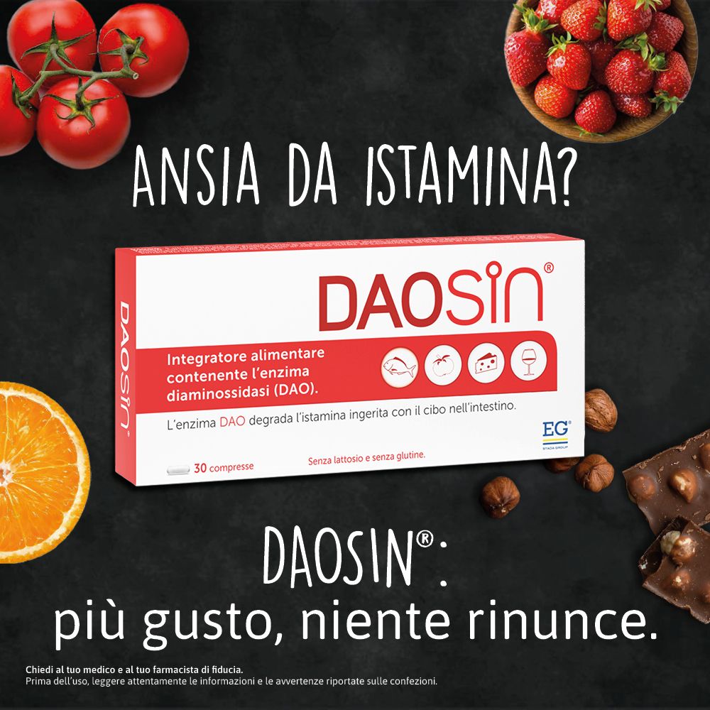 Immagine pubblicitaria con confezione Daosin, pomodori, fragole, cioccolato e arancia. Testo: Ansia da istamina? Più gusto, niente rinunce.