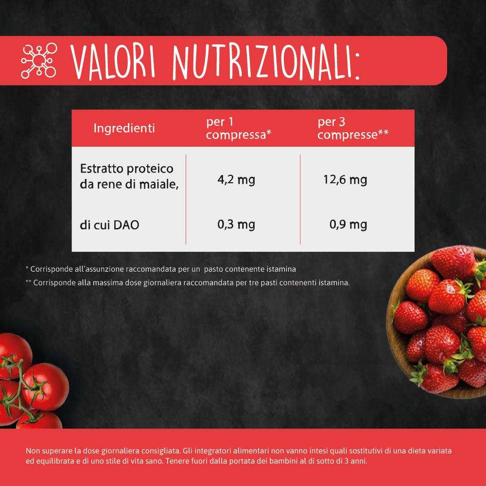 Testo su sfondo nero. Tabella con valori nutrizionali per compressa e per 3 compresse. Fragole sullo sfondo.
