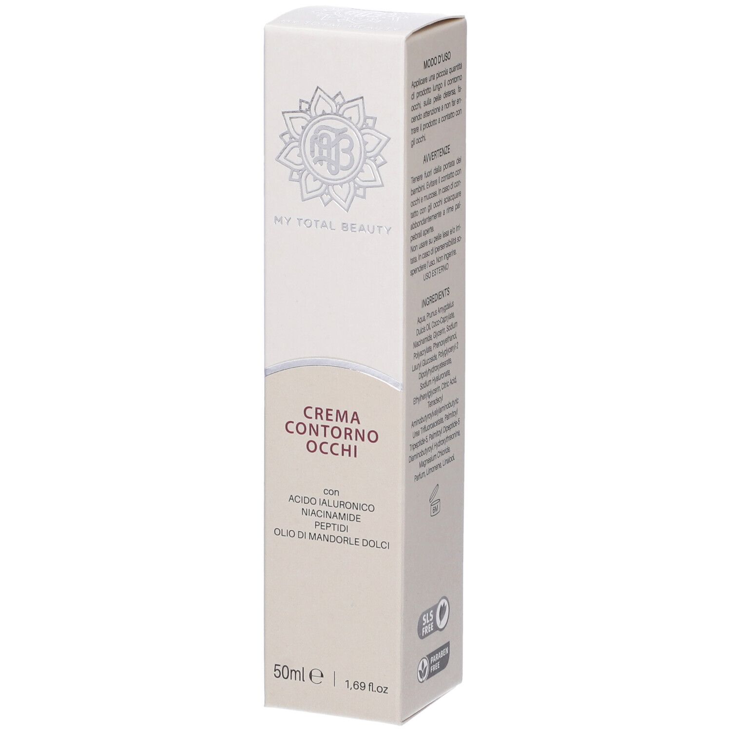 Confezione in cartone per crema contorno occhi. Contiene nome del prodotto, ingredienti e logo. 50ml.