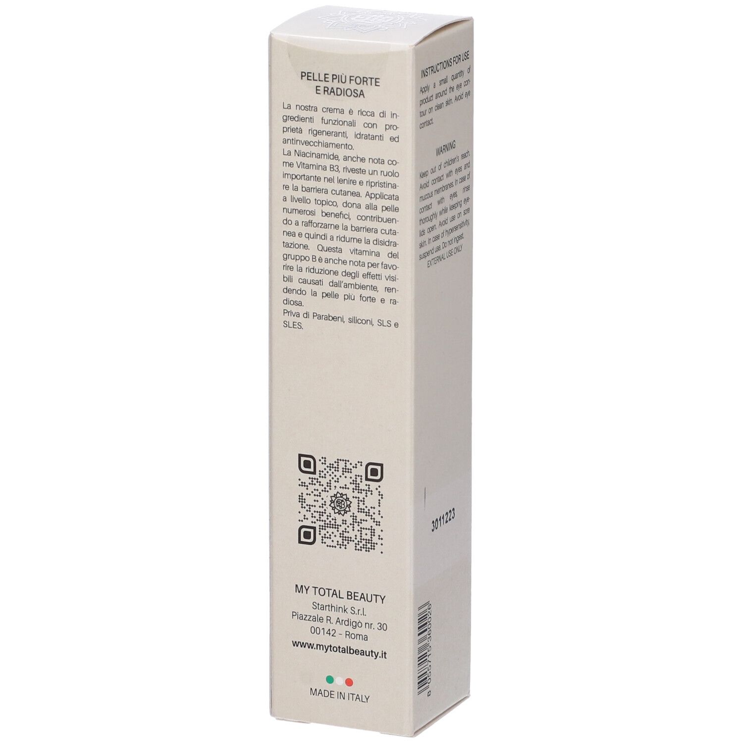 Confezione in cartone con testo italiano. Contiene informazioni sulla cura della pelle e codice QR.
