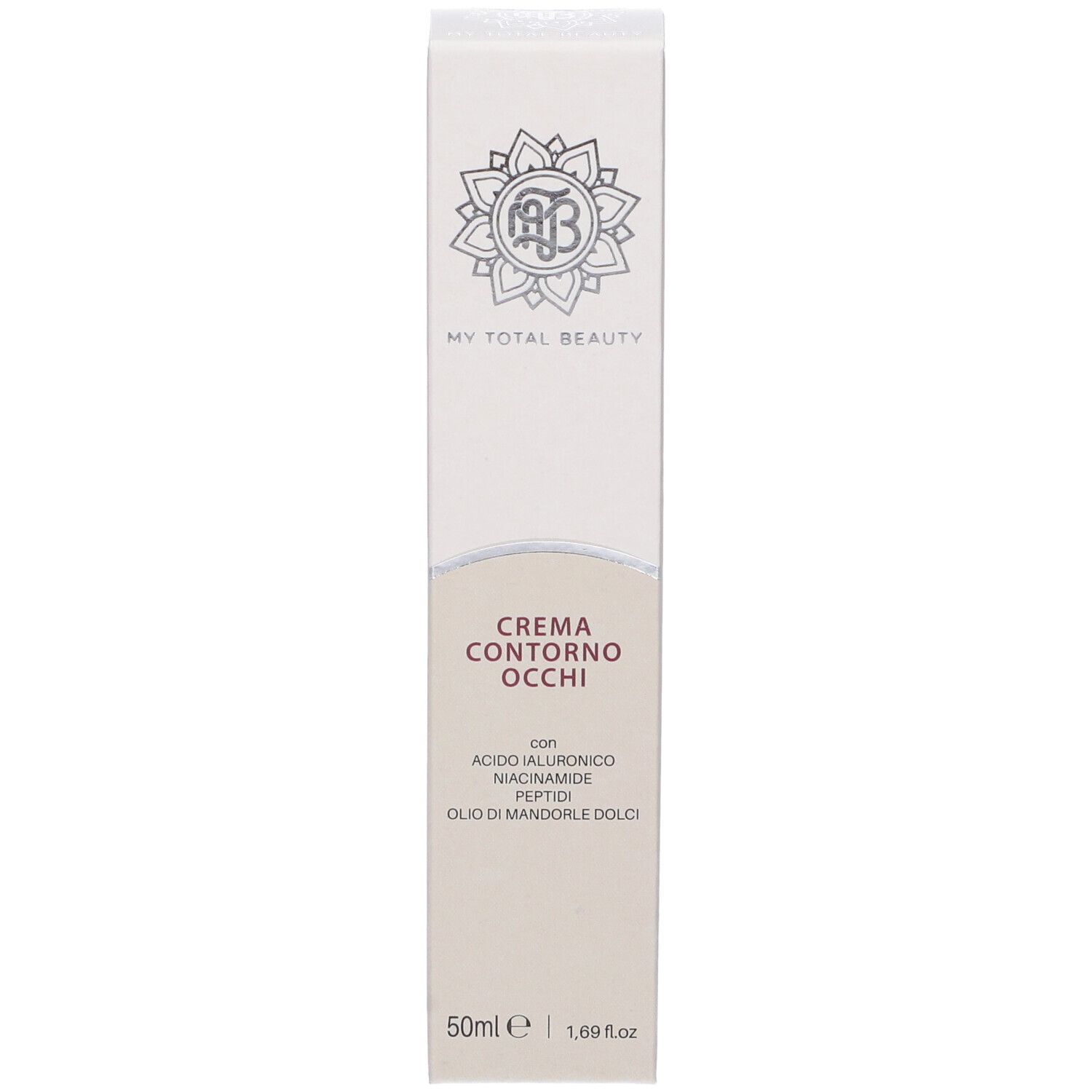 Confezione in cartone con nome del prodotto e logo. Contiene ingredienti e volume: 50ml.