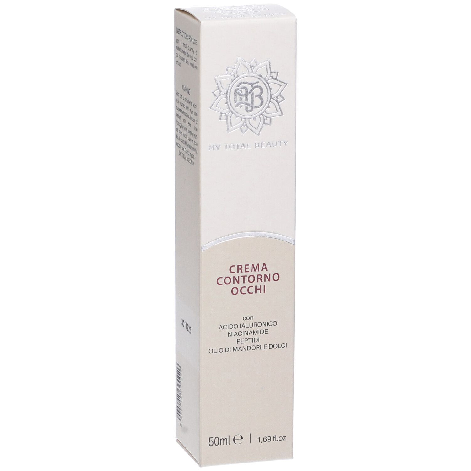 Confezione in cartone con nome del prodotto e logo. Contiene ingredienti e volume: 50ml.