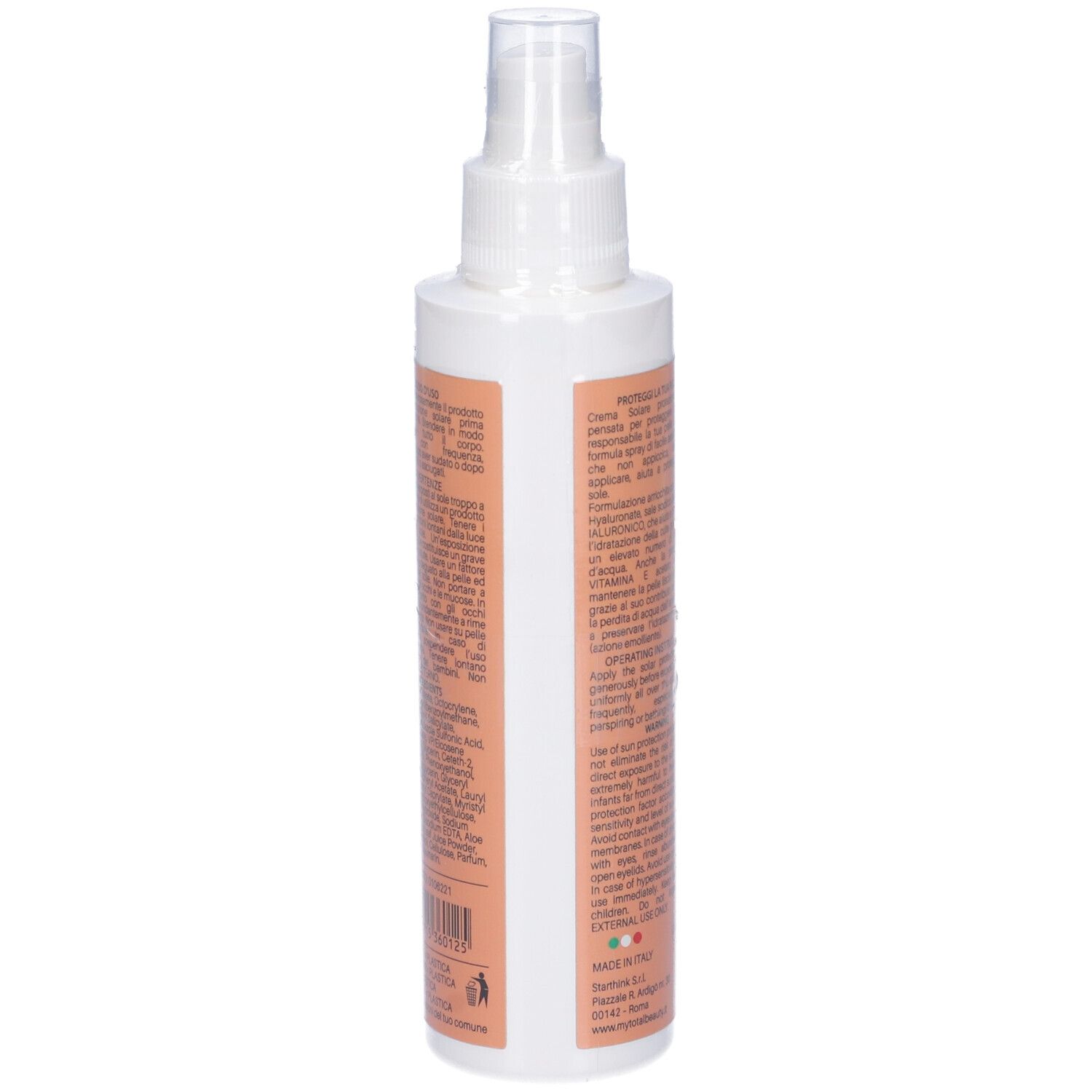 Retro del flacone spray. Testo su etichetta arancione. Contiene istruzioni e ingredienti. Con logo.