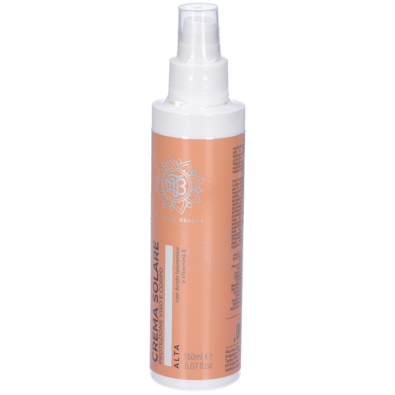 Flacone spray con etichetta arancione. Scritta: Crema Solare, Protezione Viso e Corpo, Alta. Con logo.