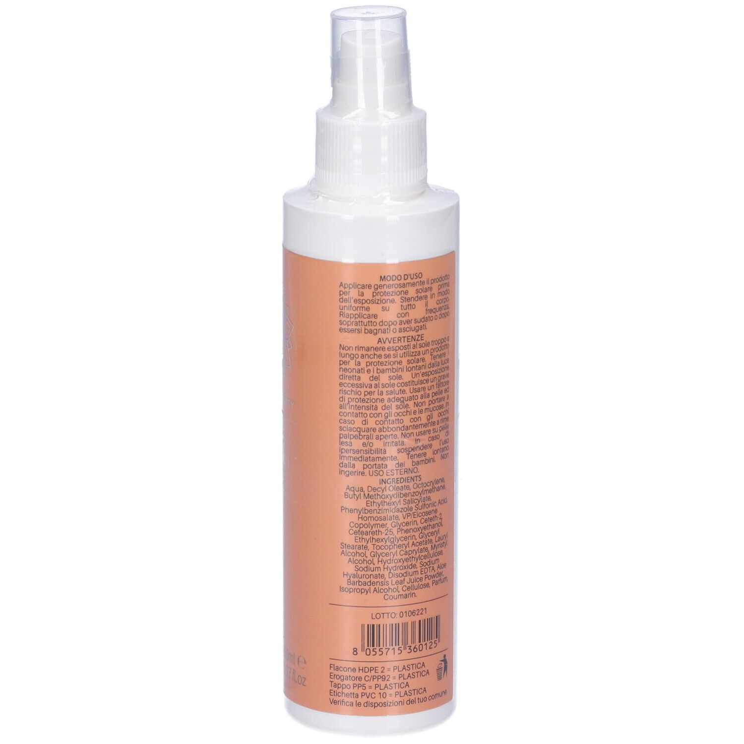 Retro del flacone spray. Testo su etichetta arancione. Contiene istruzioni e ingredienti. Con logo.