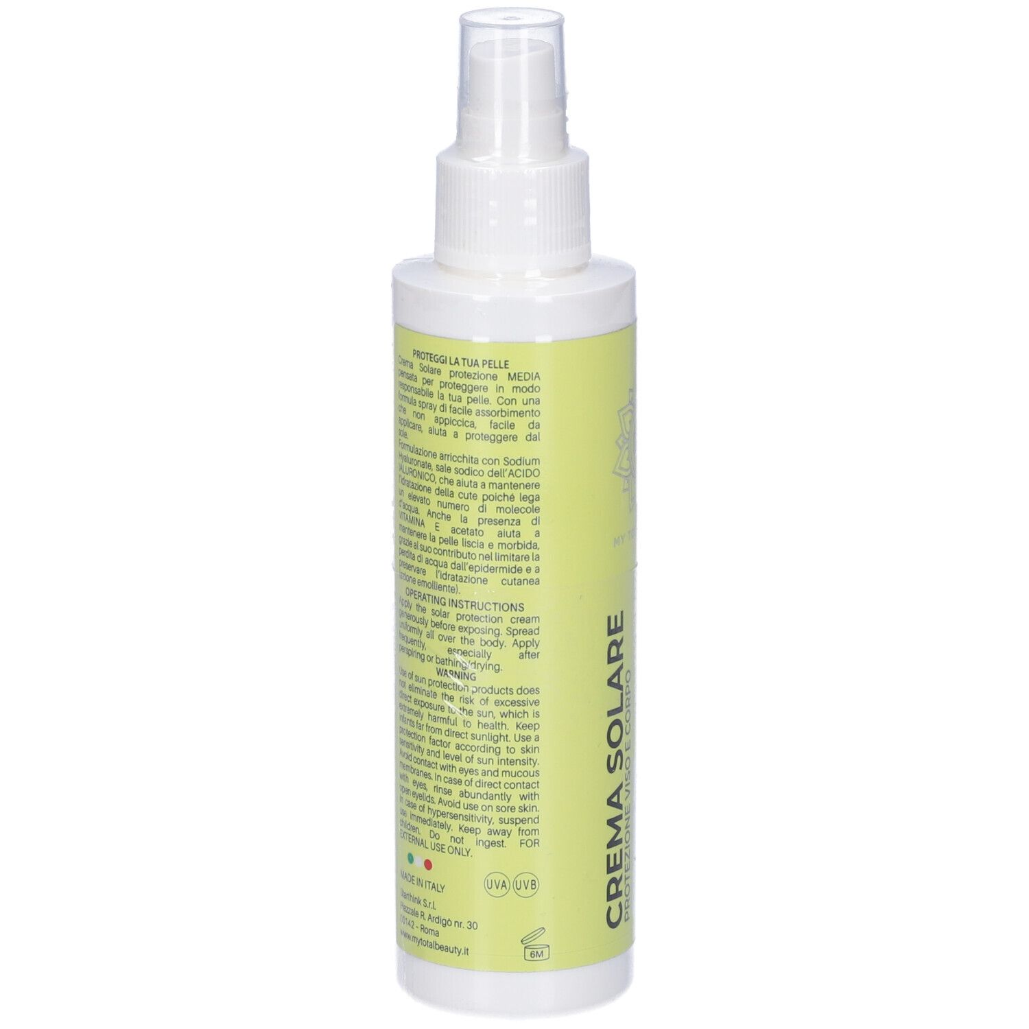 Flacone spray solare, retro. Testo su giallo: CREMA SOLARE, MEDIA. Con ingredienti e istruzioni. Prodotto in Italia.
