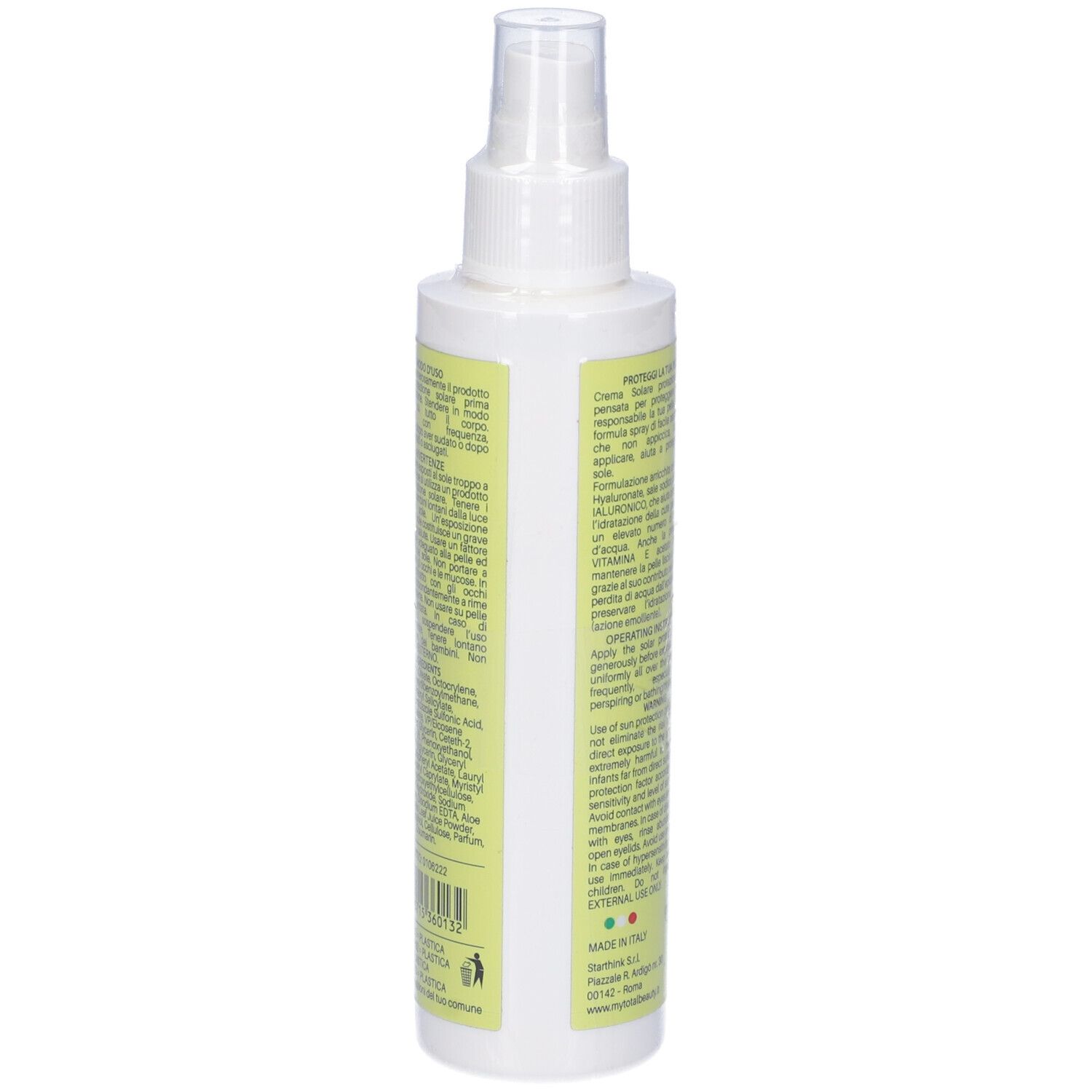 Flacone spray solare, retro. Testo su giallo: CREMA SOLARE, MEDIA. Con ingredienti e istruzioni. Prodotto in Italia.