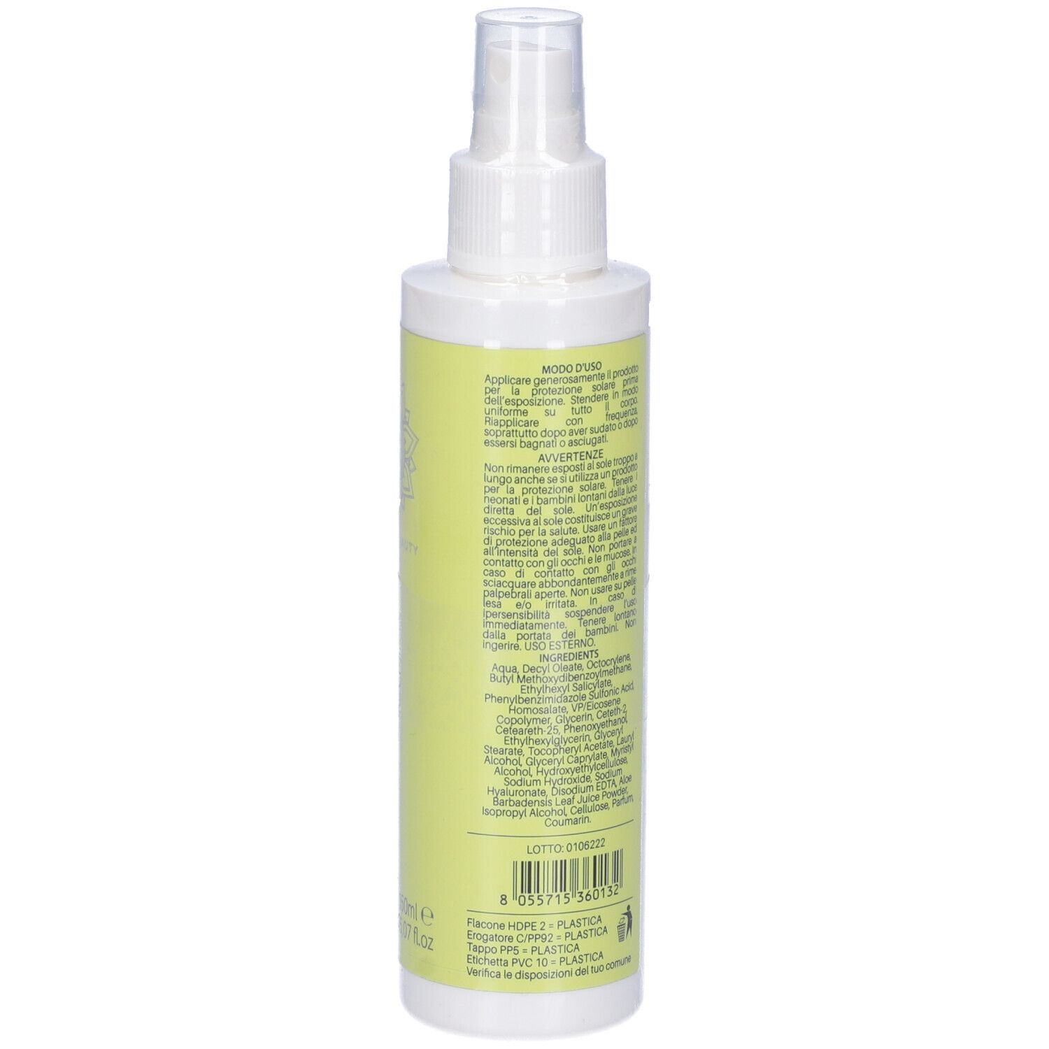 Flacone spray solare, retro. Testo su giallo: CREMA SOLARE, MEDIA. Con ingredienti e istruzioni. Prodotto in Italia.