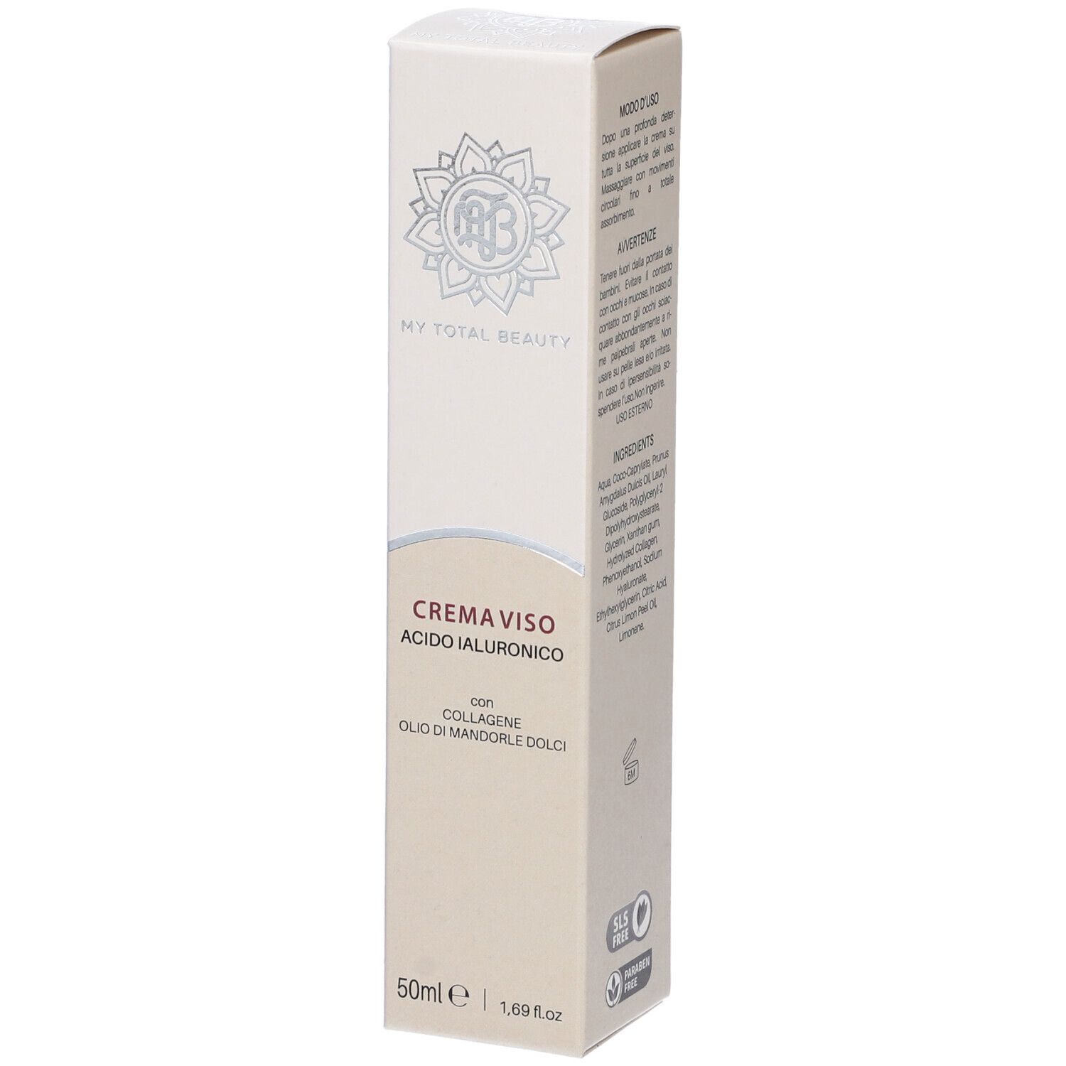 Confezione in cartone. Scritta: Crema Viso Acido Ialuronico. 50ml. Logo My Total Beauty. Testo in italiano.
