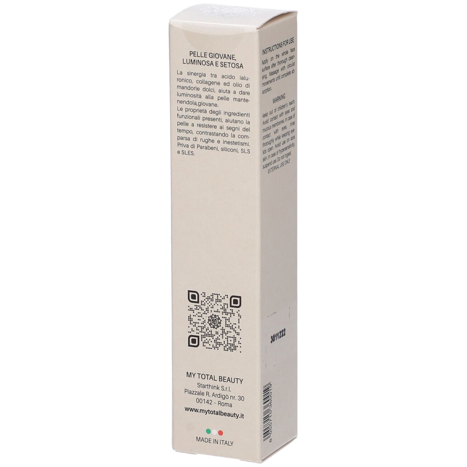 Confezione in cartone. Testo in italiano. Codice QR. Logo My Total Beauty. Made in Italy.