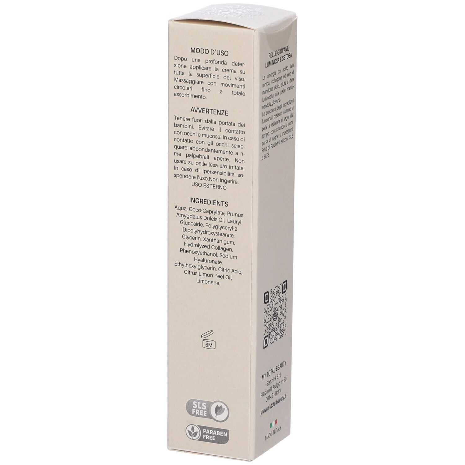Confezione in cartone. Testo in italiano. Loghi: SLS Free, Paraben Free. Logo My Total Beauty.