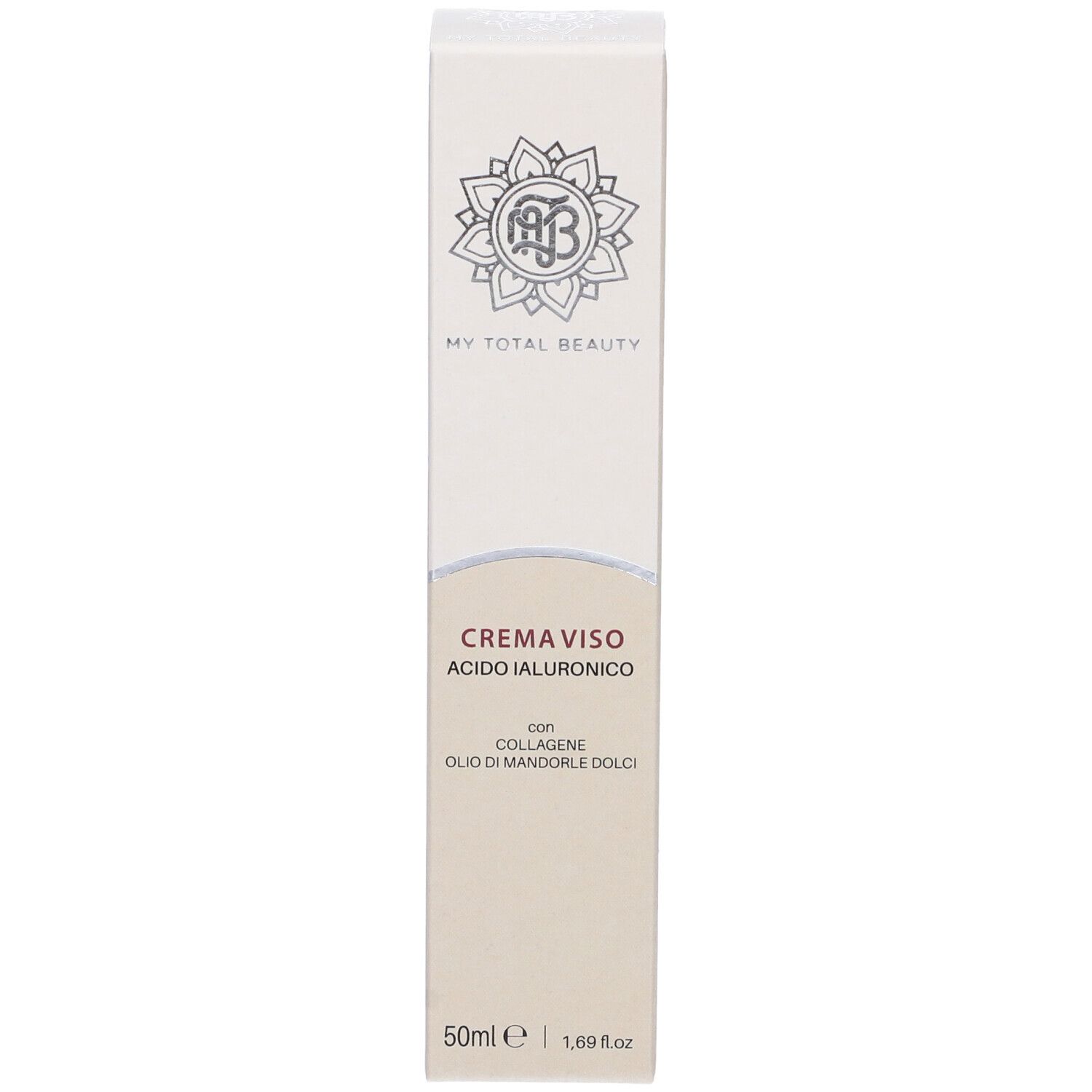 Confezione in cartone. Scritta: Crema Viso Acido Ialuronico. 50ml. Logo My Total Beauty. Testo in italiano.