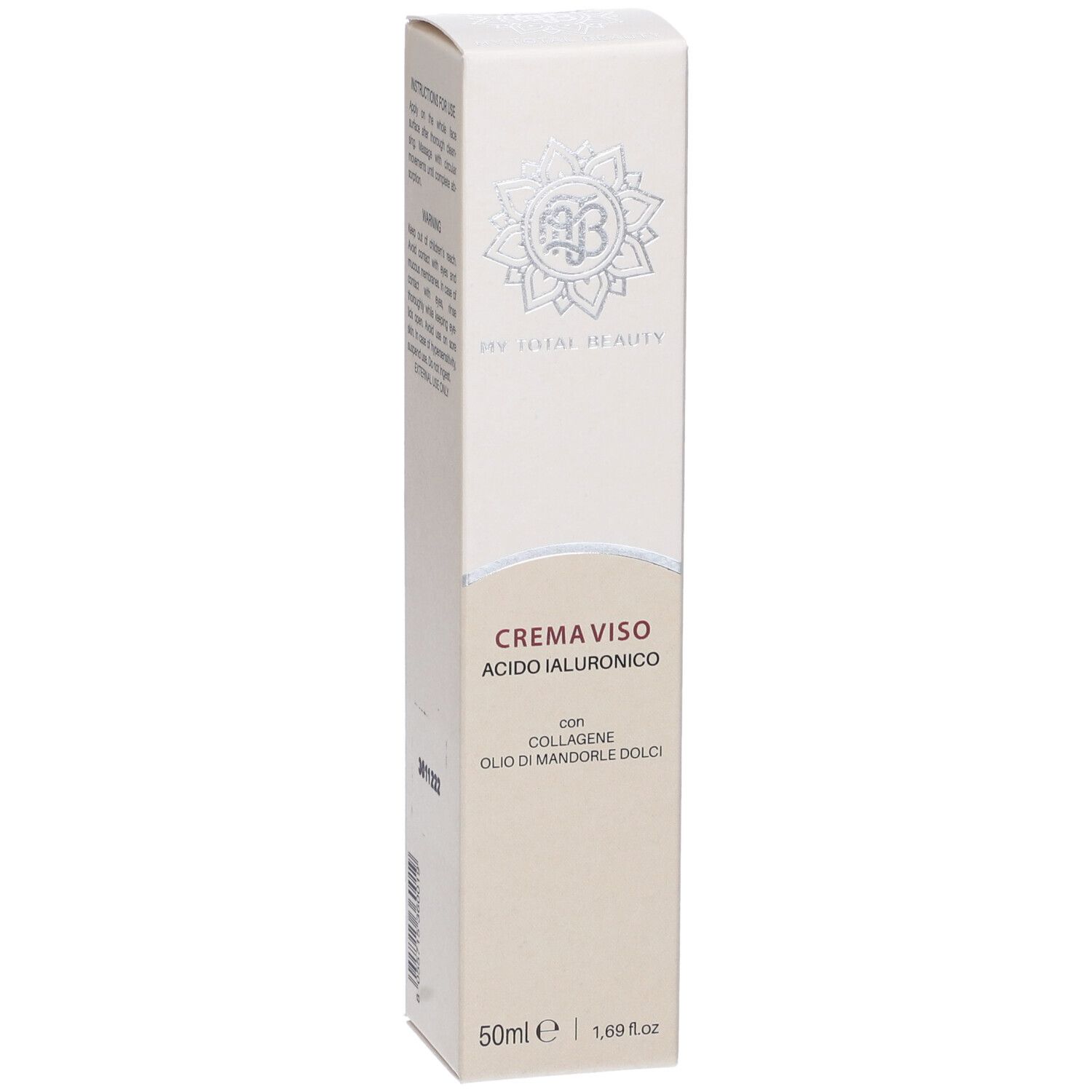 Confezione in cartone. Scritta: Crema Viso Acido Ialuronico. Logo My Total Beauty. Testo in italiano.