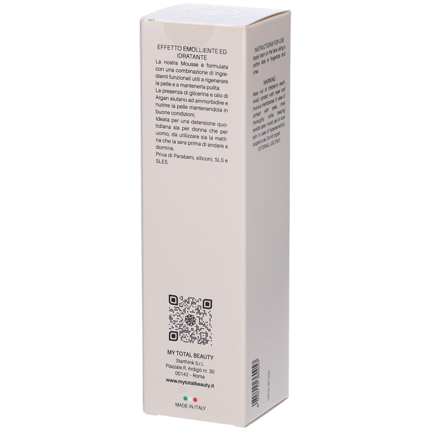 Confezione bianca. Testo: EFFETTO EMOLIENTE ED IDRATANTE. Scritta: MY TOTAL BEAUTY. Logo. QR code. Made in Italy.
