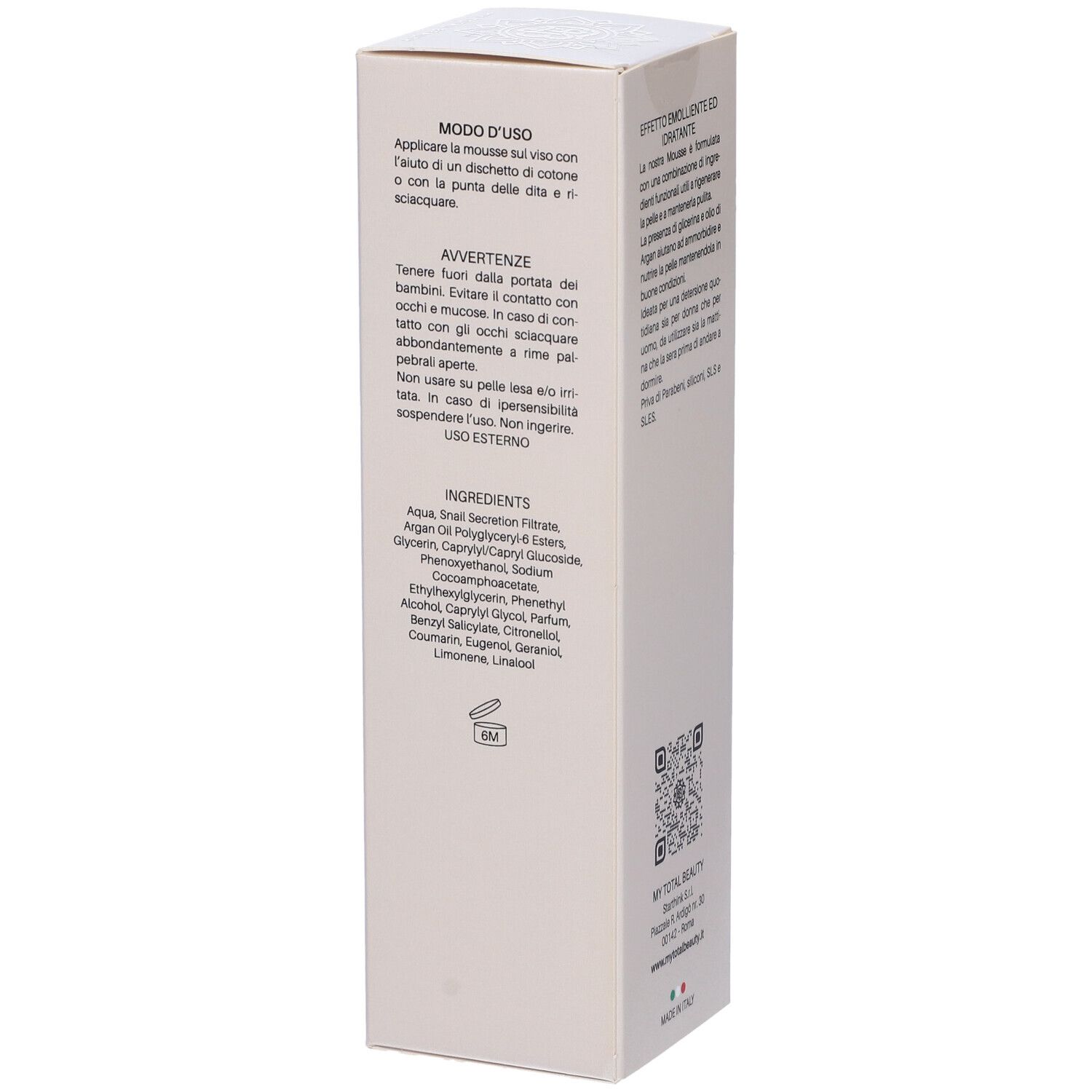 Confezione bianca. Testo: MODO D'USO, AVVERTENZE, INGREDIENTS. Scritta: MY TOTAL BEAUTY. Logo. QR code. Made in Italy.